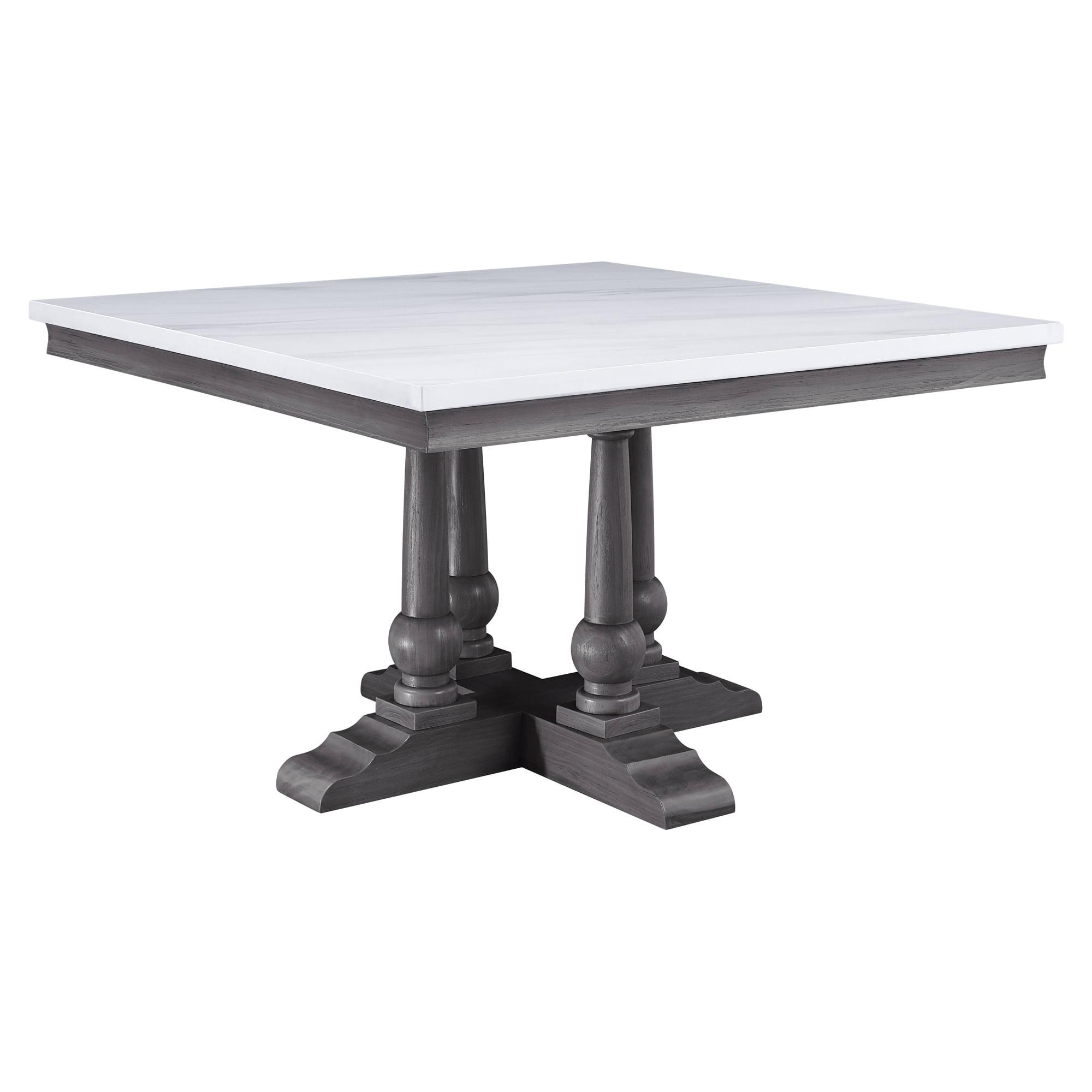Transitional Gray Oak and White Marble Square Dining Table