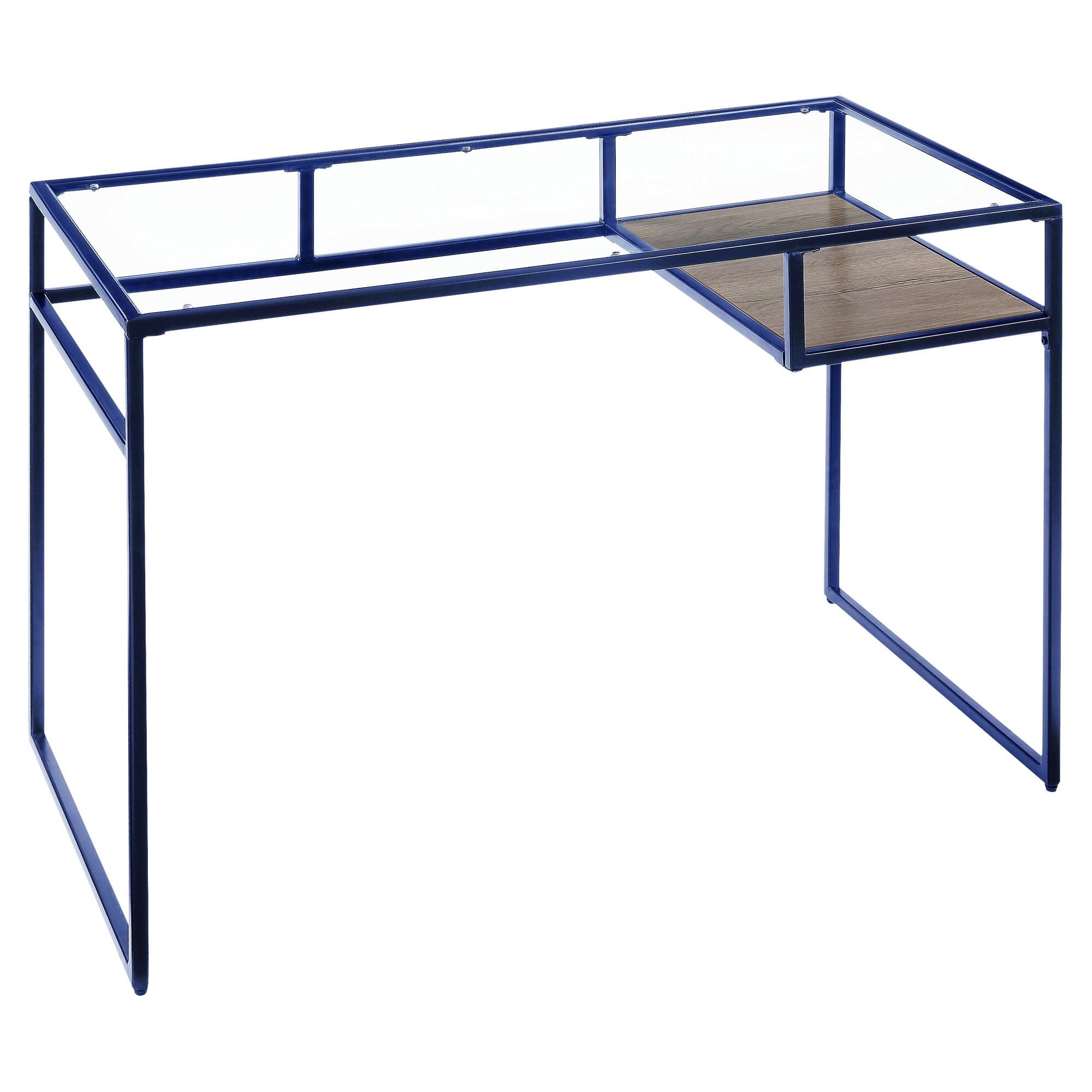 Blue and Glass Industrial Writing Desk with Metal Frame