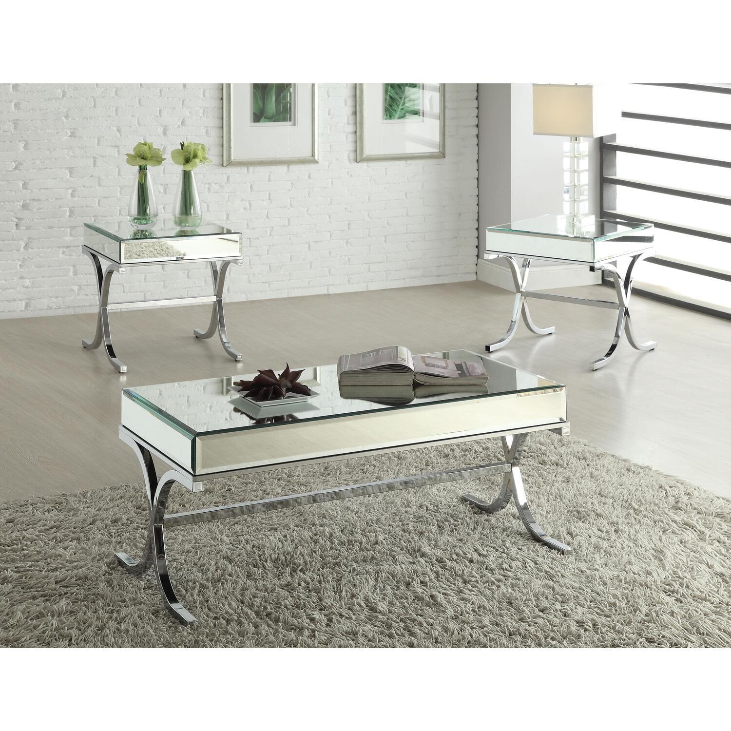 Elegant Rectangular Mirrored Coffee Table with Chrome Metal Base