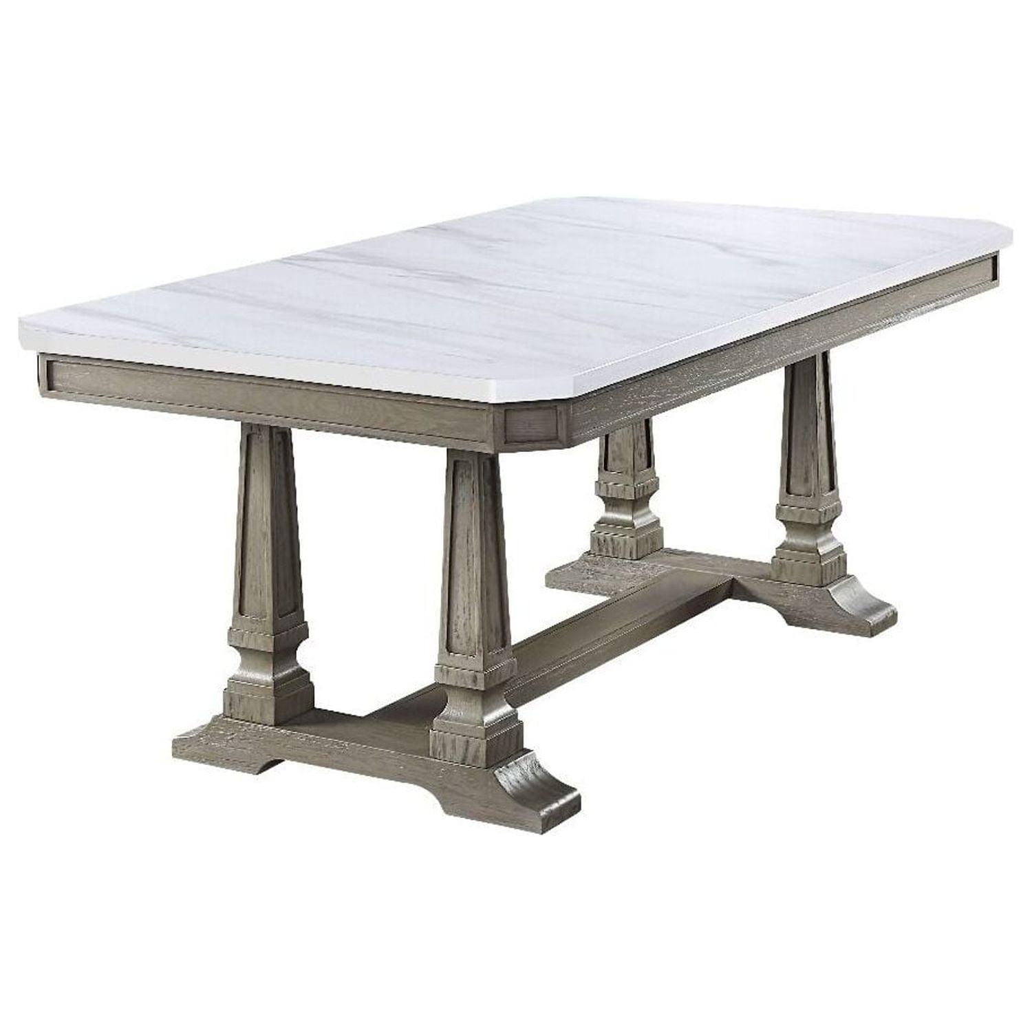 Elegant Transitional Marble-Top Extendable Dining Table in Weathered Oak