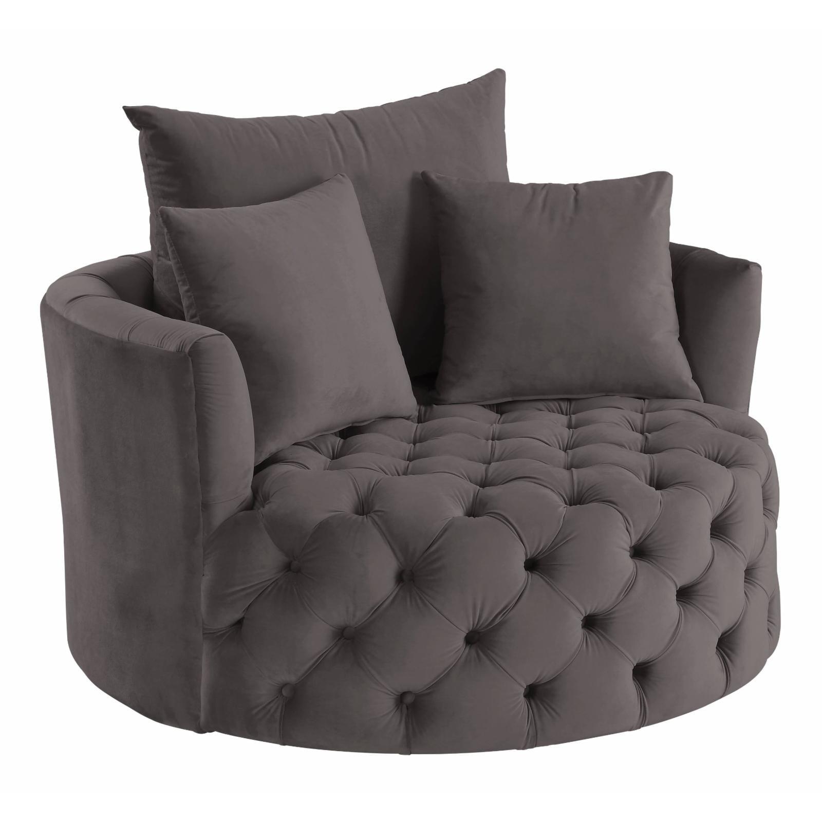 Gray Velvet Swivel Barrel Accent Chair with Manufactured Wood Frame