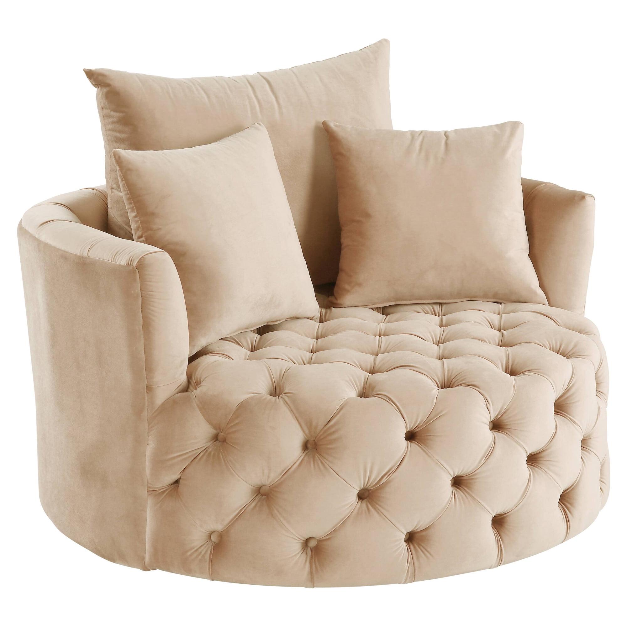 Beige Velvet Barrel Swivel Accent Chair with Tufted Details