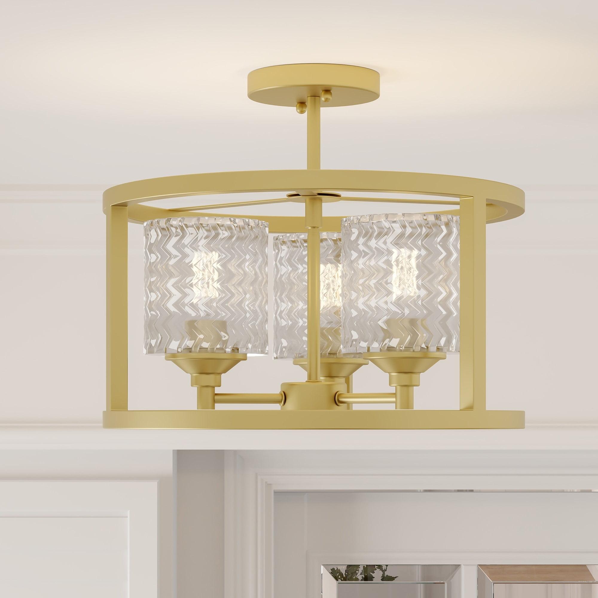 ACROMA Moulins 3-light Modern Farmhouse Semi-Flush Mount Ceiling Lights - 15'' Satin Brass