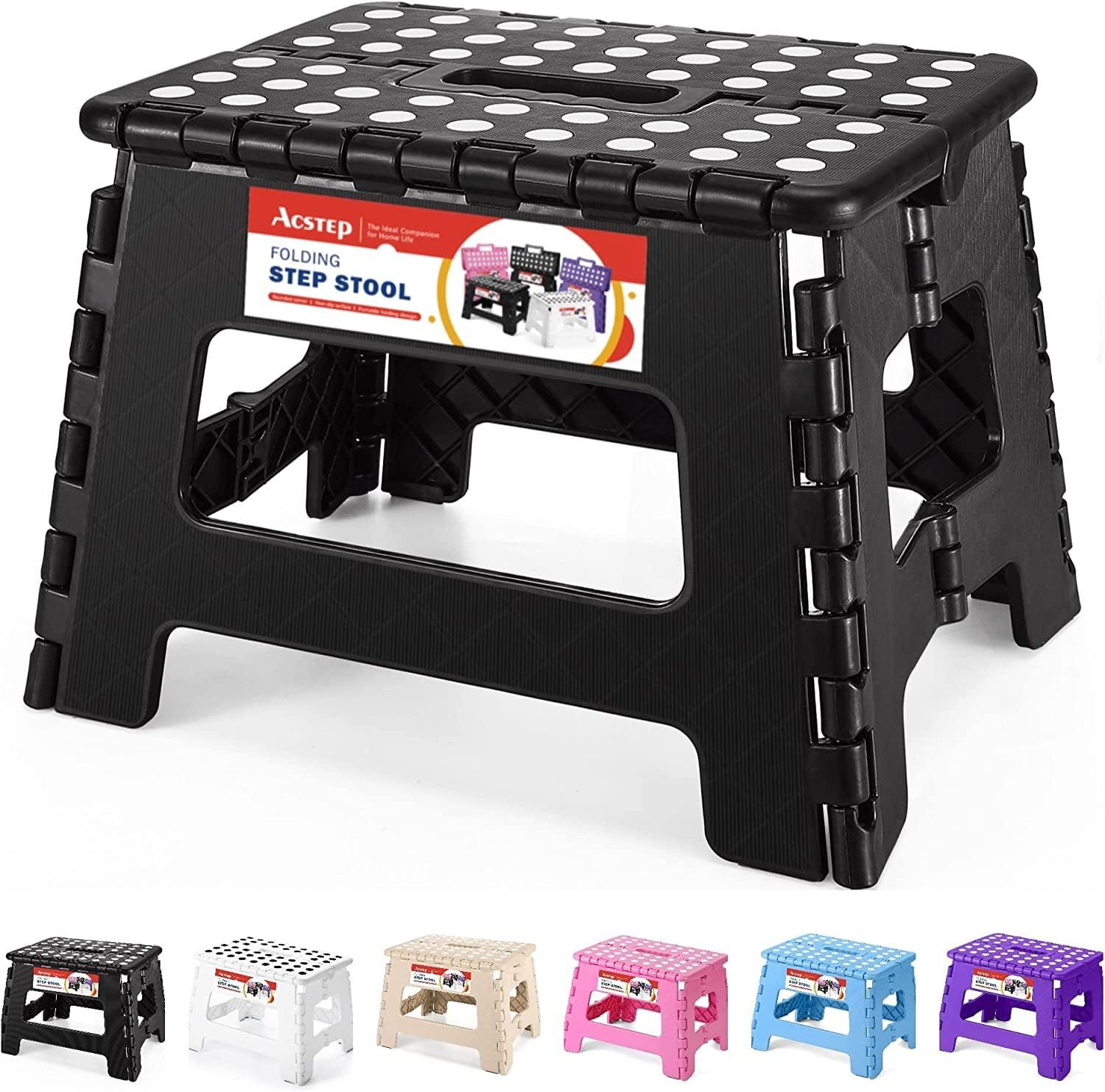 ACSTEP Folding Step Stool 9'' Tall Kids Step Stool Plastic Step Stools with Non-Slip Surface - Black