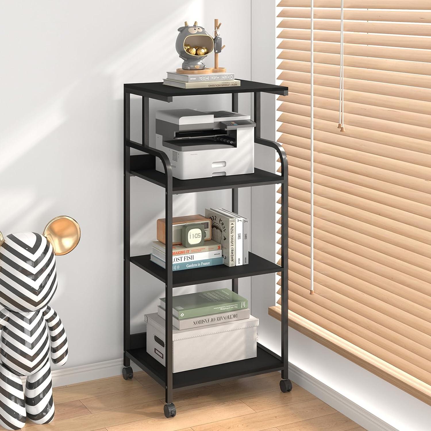 Black 4-Tier Adjustable Rolling Printer Stand with Shelves