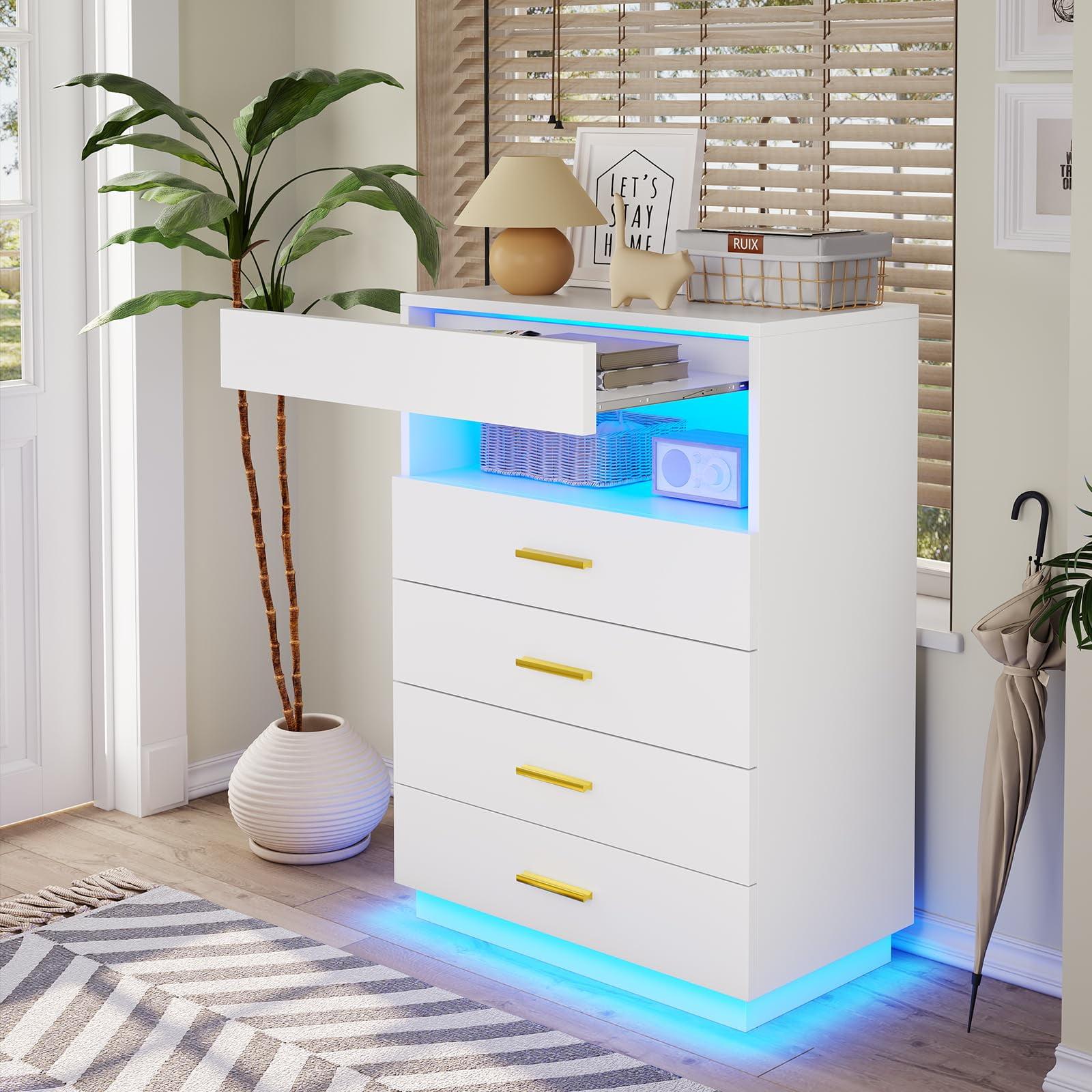 White Floating Tall Dresser with LED Lights and Gold Handles