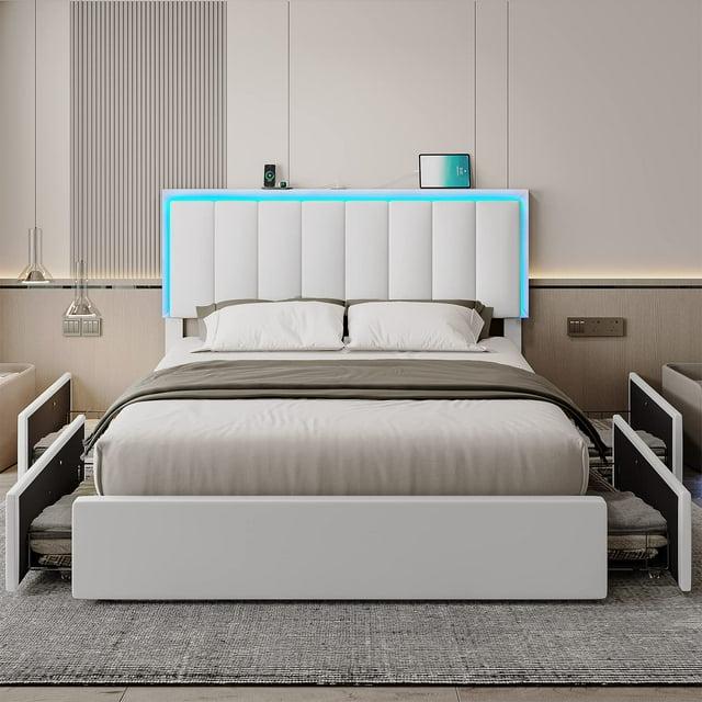 Queen LED Bed Frame with 4 Storage Drawers and USB Ports and LED Headboard, Faux Leather Upholstered Platform Bed Frame with 3 Side Light Strip,White