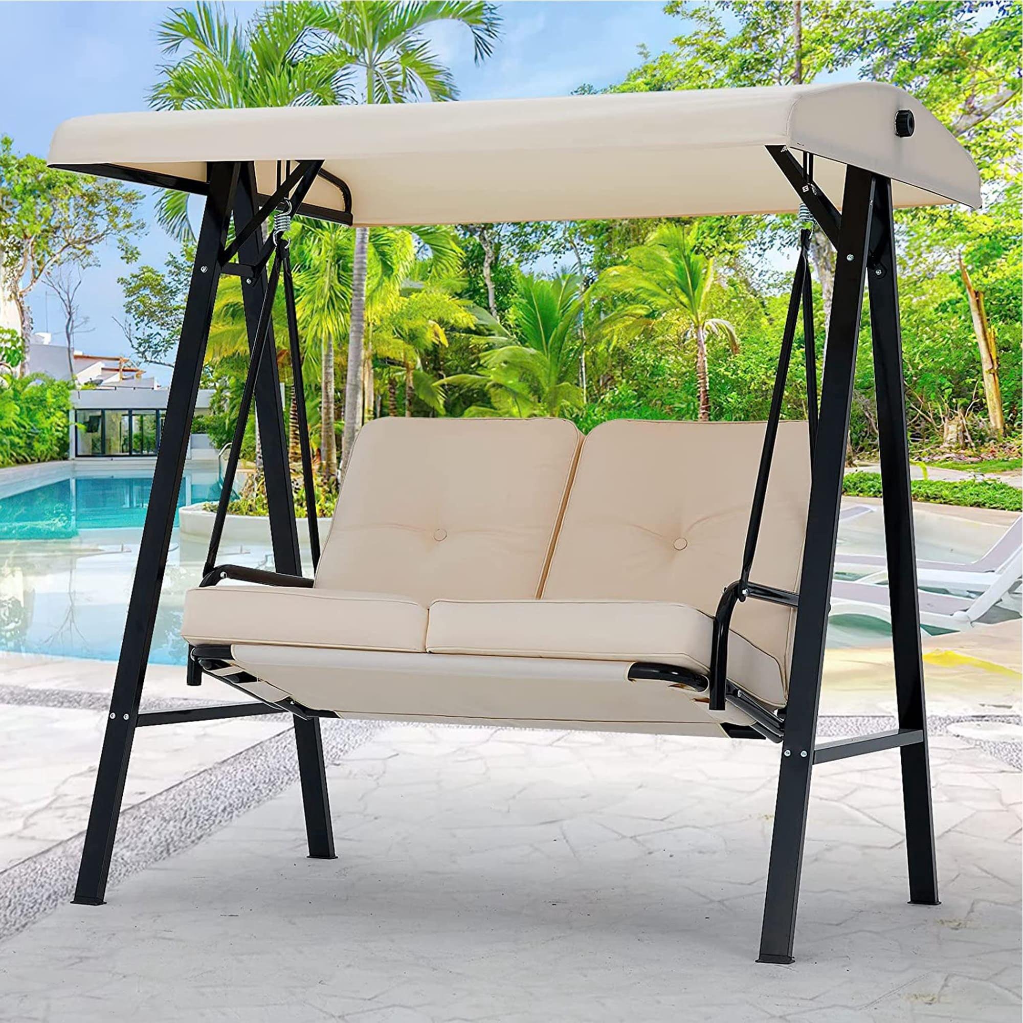 AECOJOY 2-Seat Porch Swing Chair, Patio Swing Chair w/ Cushions Beige