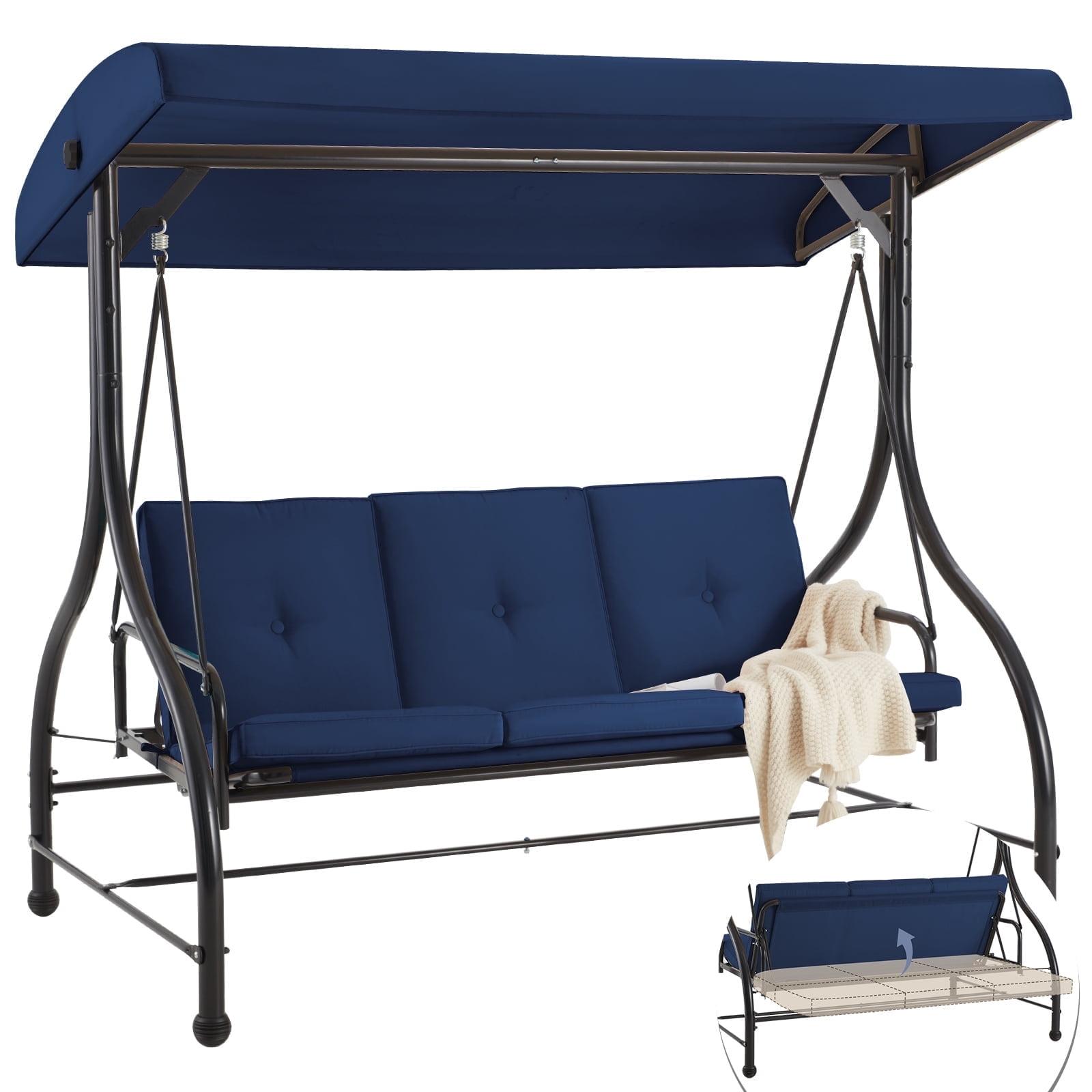 Dark Blue 3-Person Steel Canopy Porch Swing with Cushions