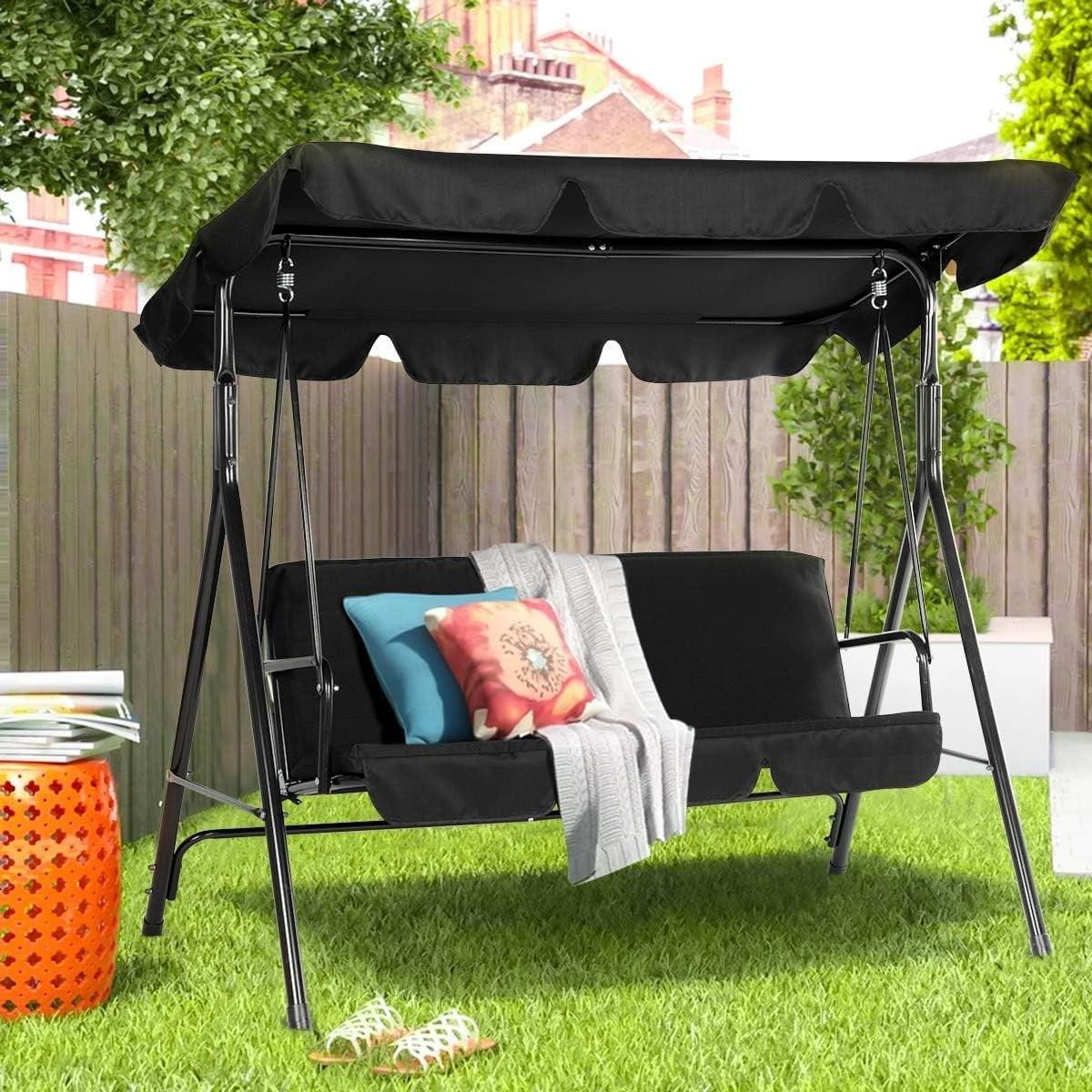 Black Steel 3-Seat Outdoor Swing with Adjustable Canopy