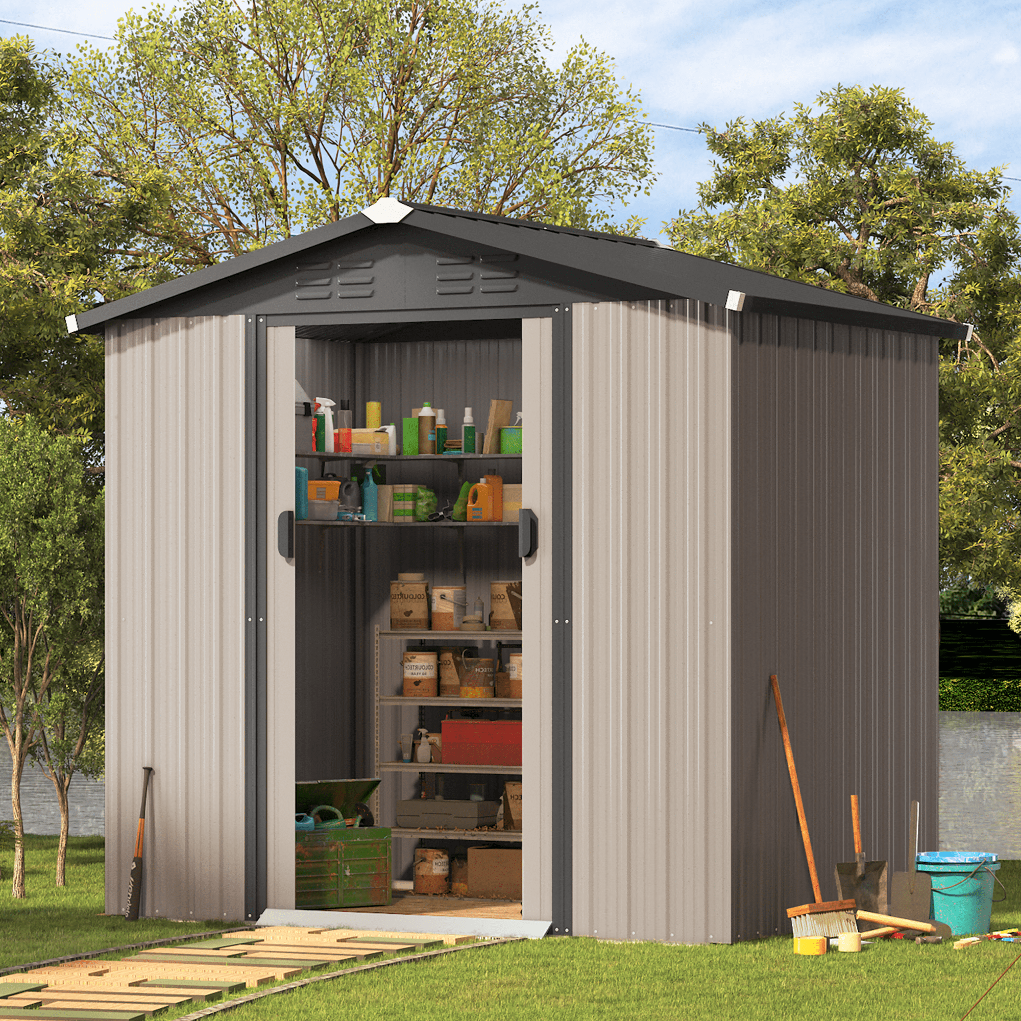 Costway 6 x 4 FT Outdoor Storage Shed Galvanized Steel Shed with Sliding Doors Wood Grain Natural/Grey