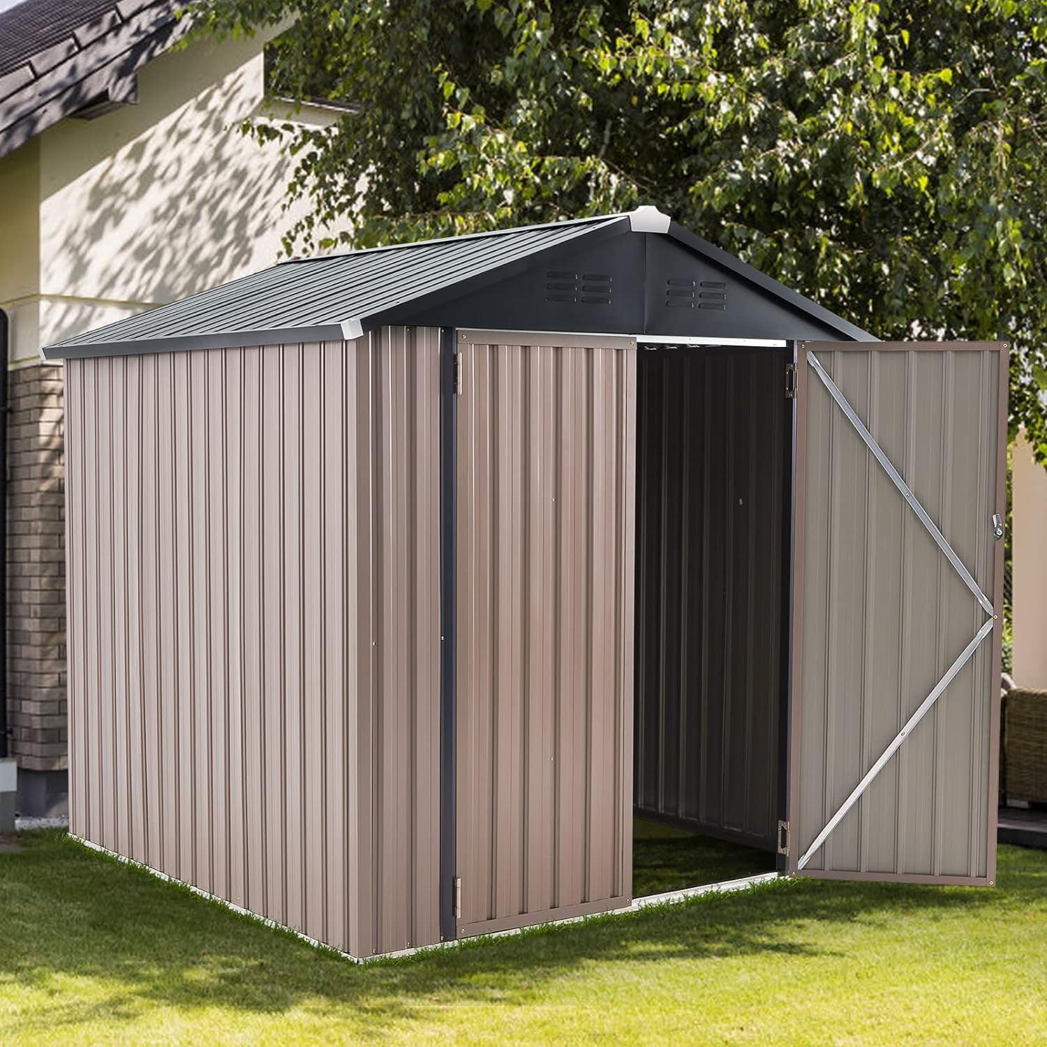 AECOJOY 6' x 6' Outdoor Storage Shed with Rack & Shelves Metal Utility Tool Shed with Lockable Door for Backyard & Garden on Clearance