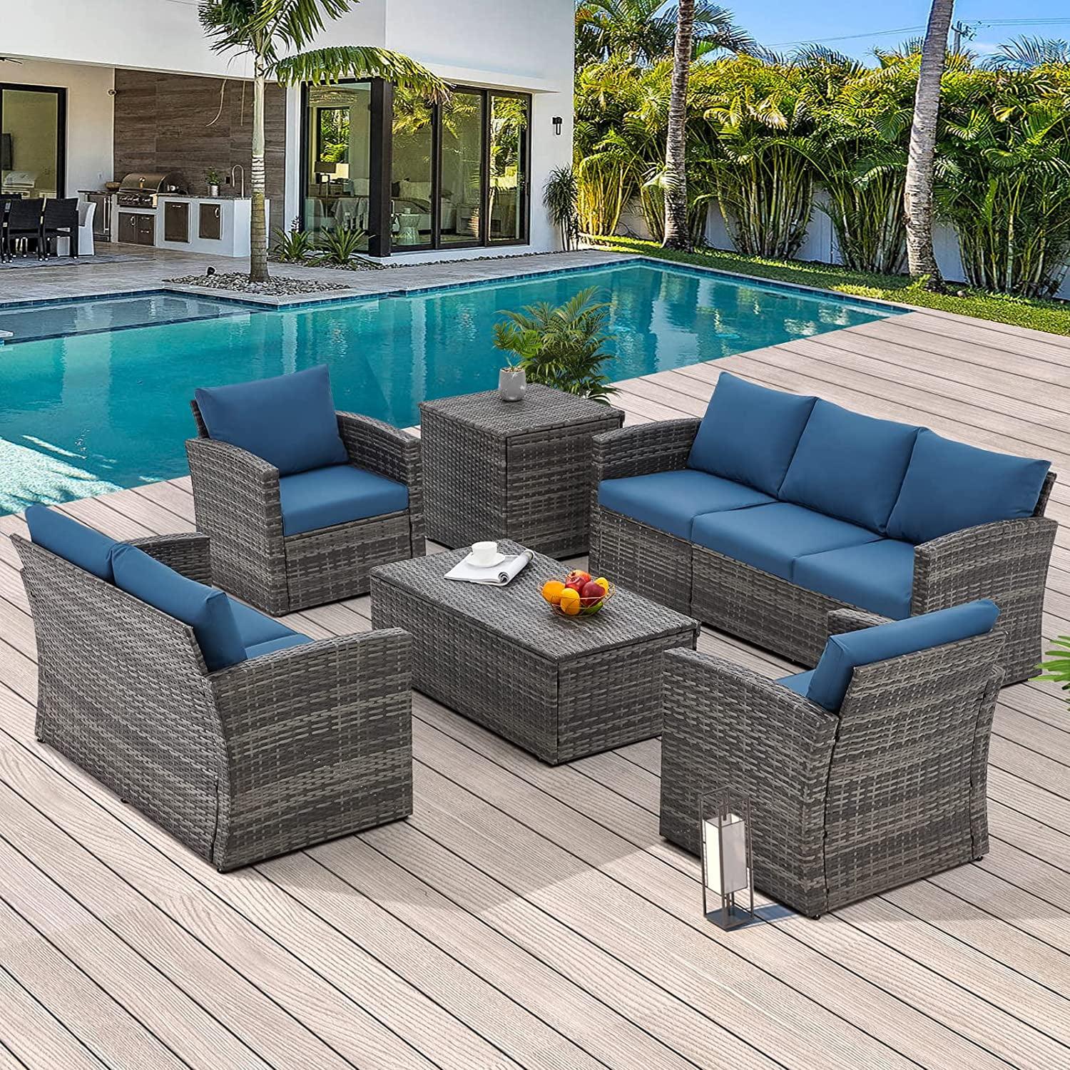 Denim Blue 7-Piece Rattan Wicker Outdoor Sectional Sofa Set