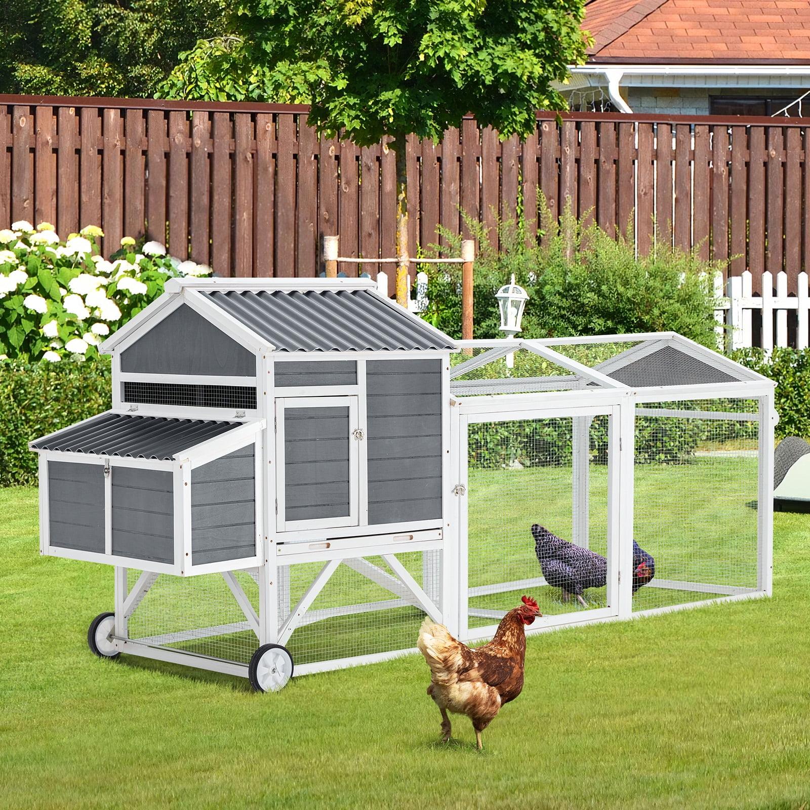 Gray Wooden Chicken Coop with Wheels and Nesting Boxes