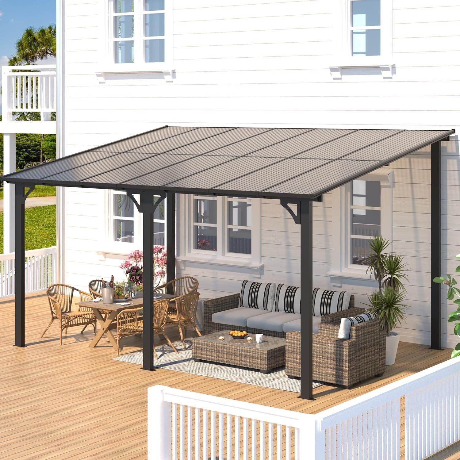 Gray Aluminum Pergola with Dark Brown Canopy, 14 Ft. W x 10 Ft. D