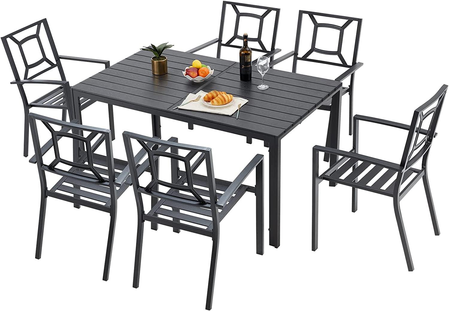 Black Aluminum 7-Piece Outdoor Dining Set with Rectangular Table