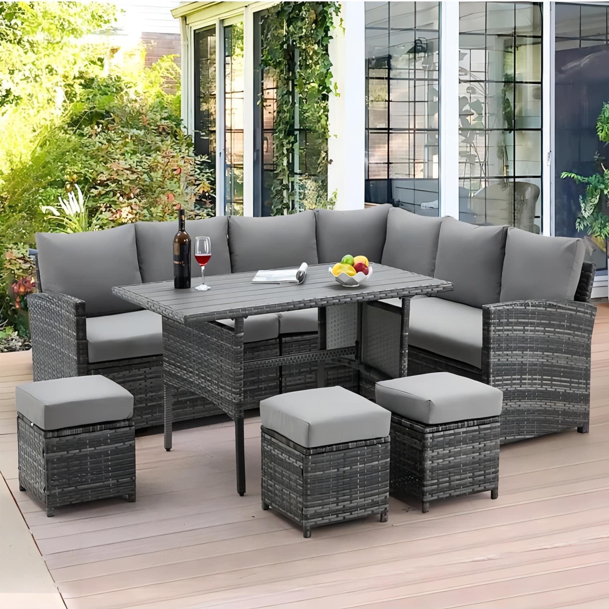 Light Grey 7-Piece Wicker Patio Dining Set with Cushions