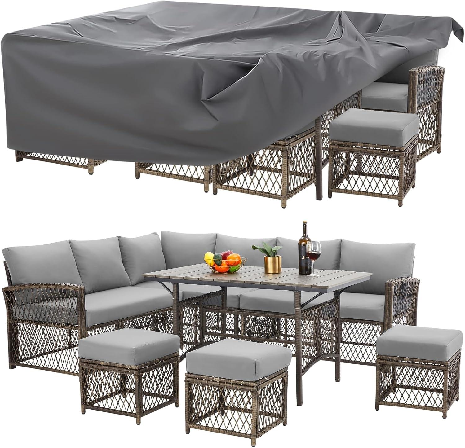 AECOJOY 7 Piece Patio Conversation Set, Outdoor Sectional Sofa Rattan Wicker Dining Furniture, Beige