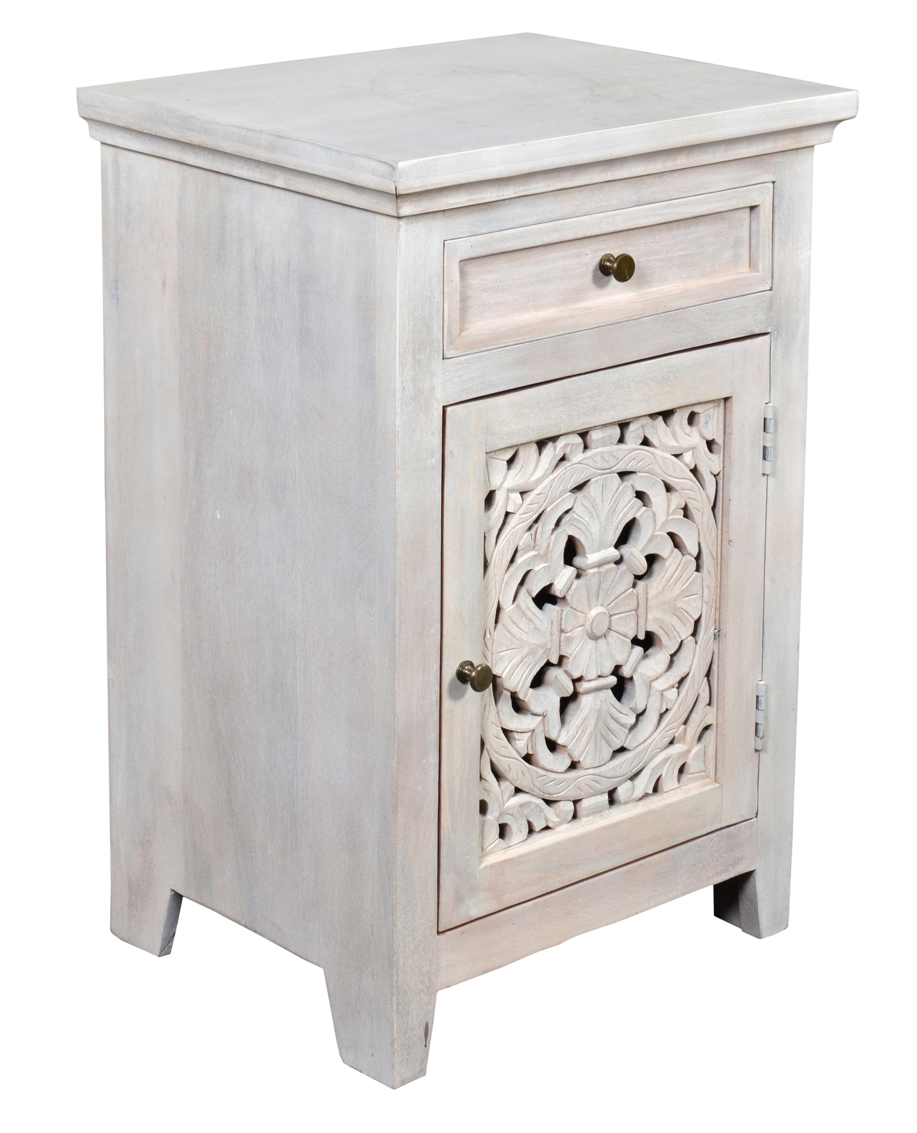 Antiqued White Hand Carved Wood Side Cabinet