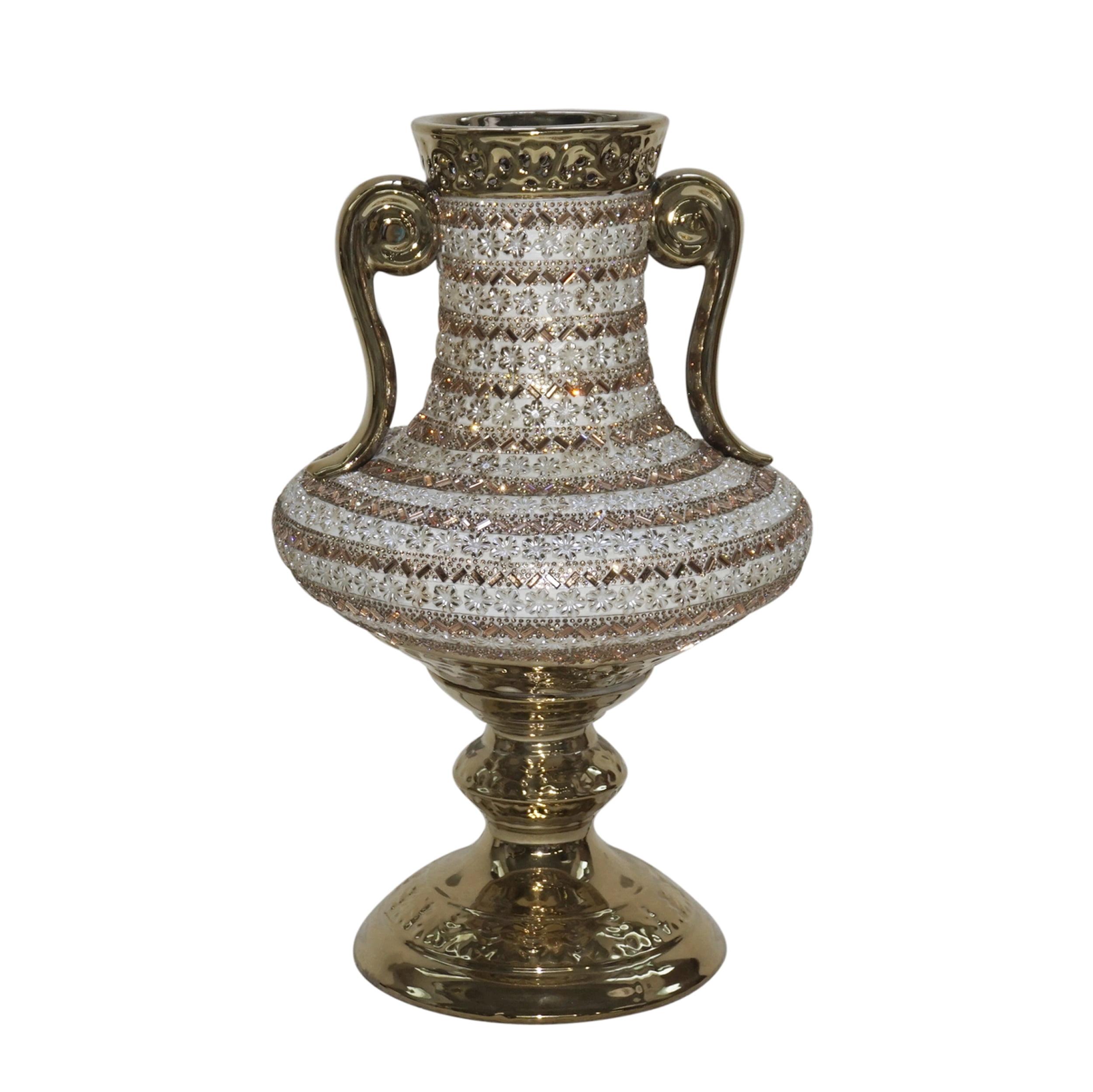 Golden Floral Porcelain Vase with Rhinestone Crystals