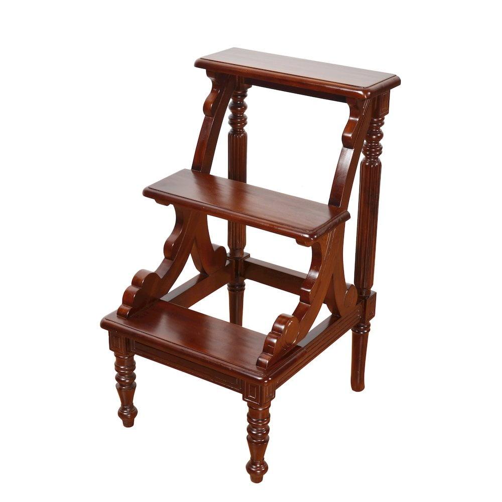 Hand-Carved Mahogany Library Stepladder with Mahogany Finish