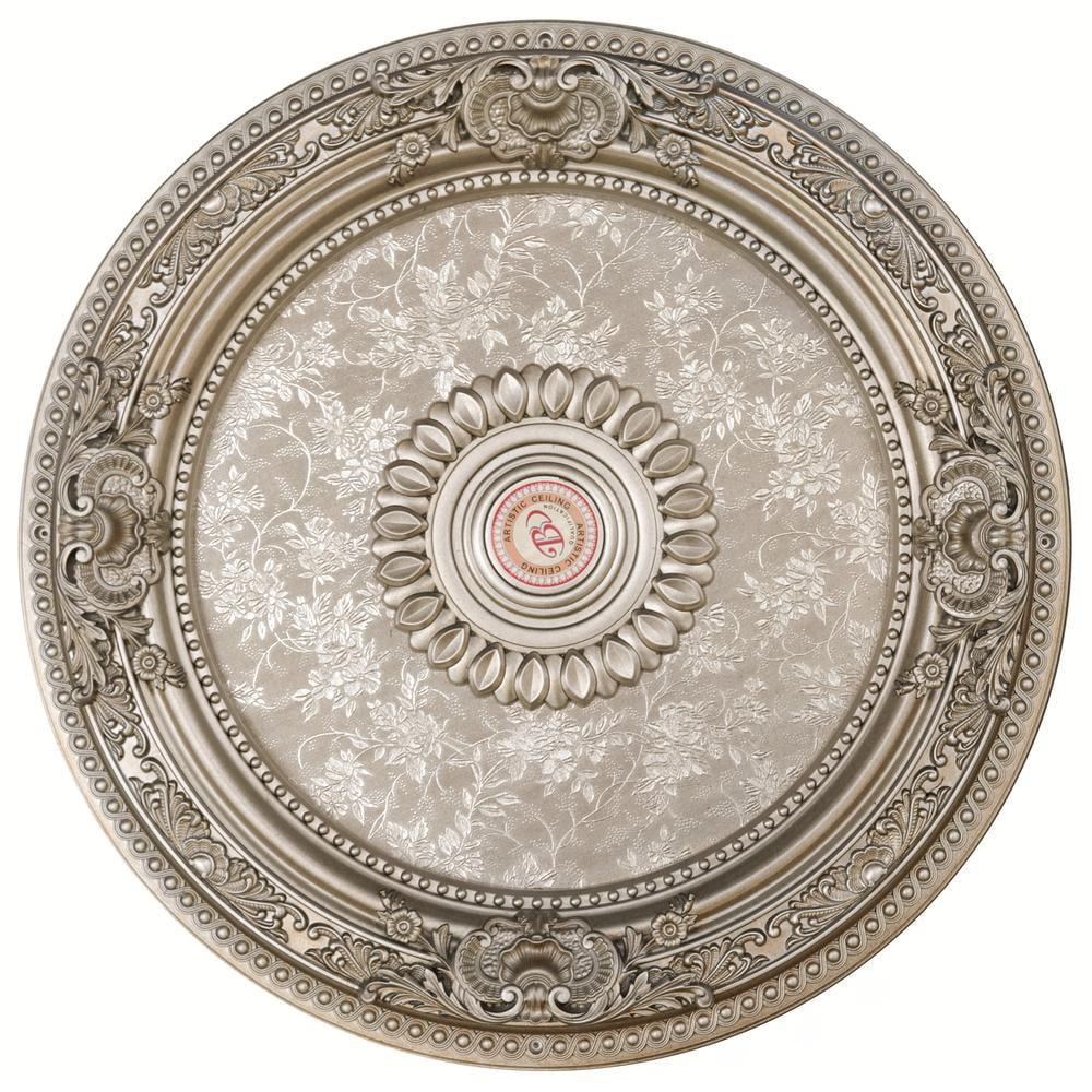 Petite Round Champagne Silver Ceiling Medallion with Floral Pattern