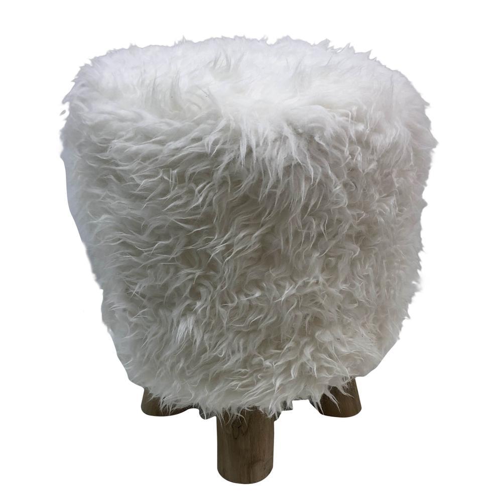 White Faux Wool Pouf Ottoman with Natural Log Feet