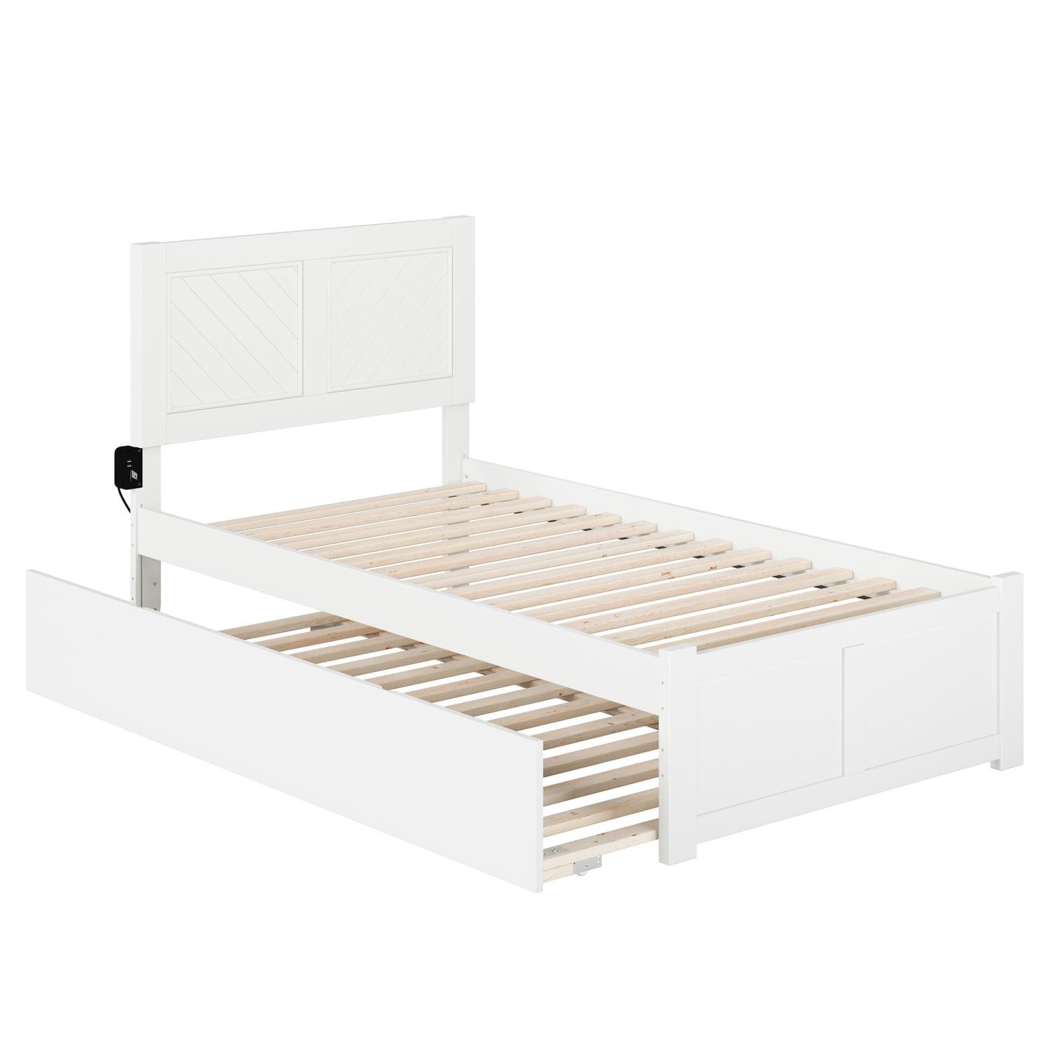 White Twin Wood Platform Bed with Trundle and Chevron Headboard