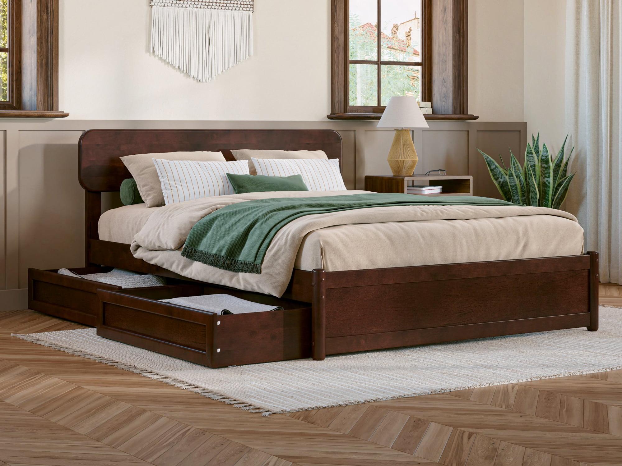 Walnut Full Platform Bed with Storage Drawers and Headboard