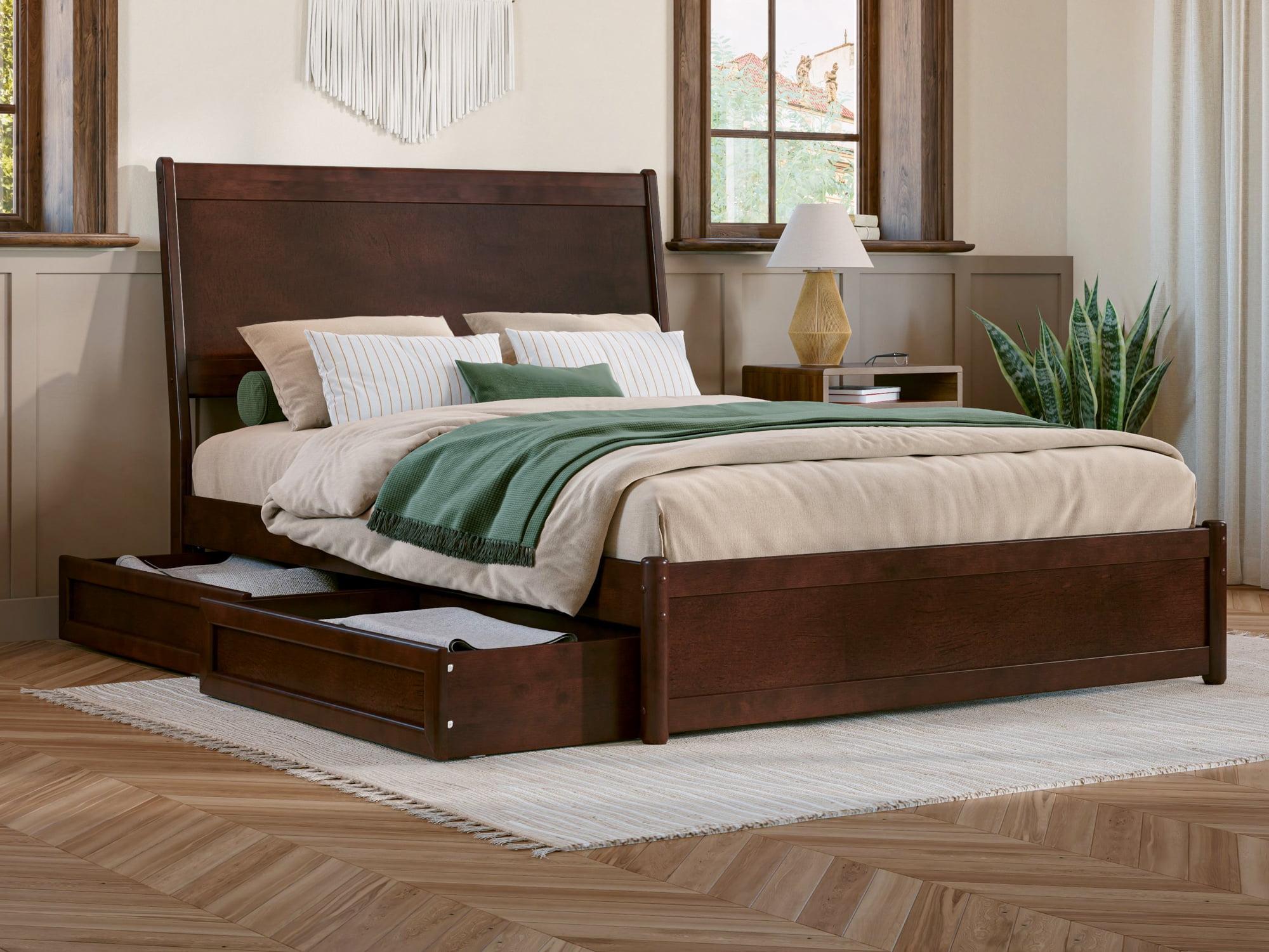 Casanova Dark Walnut Full Wood Platform Bed with Storage Drawers