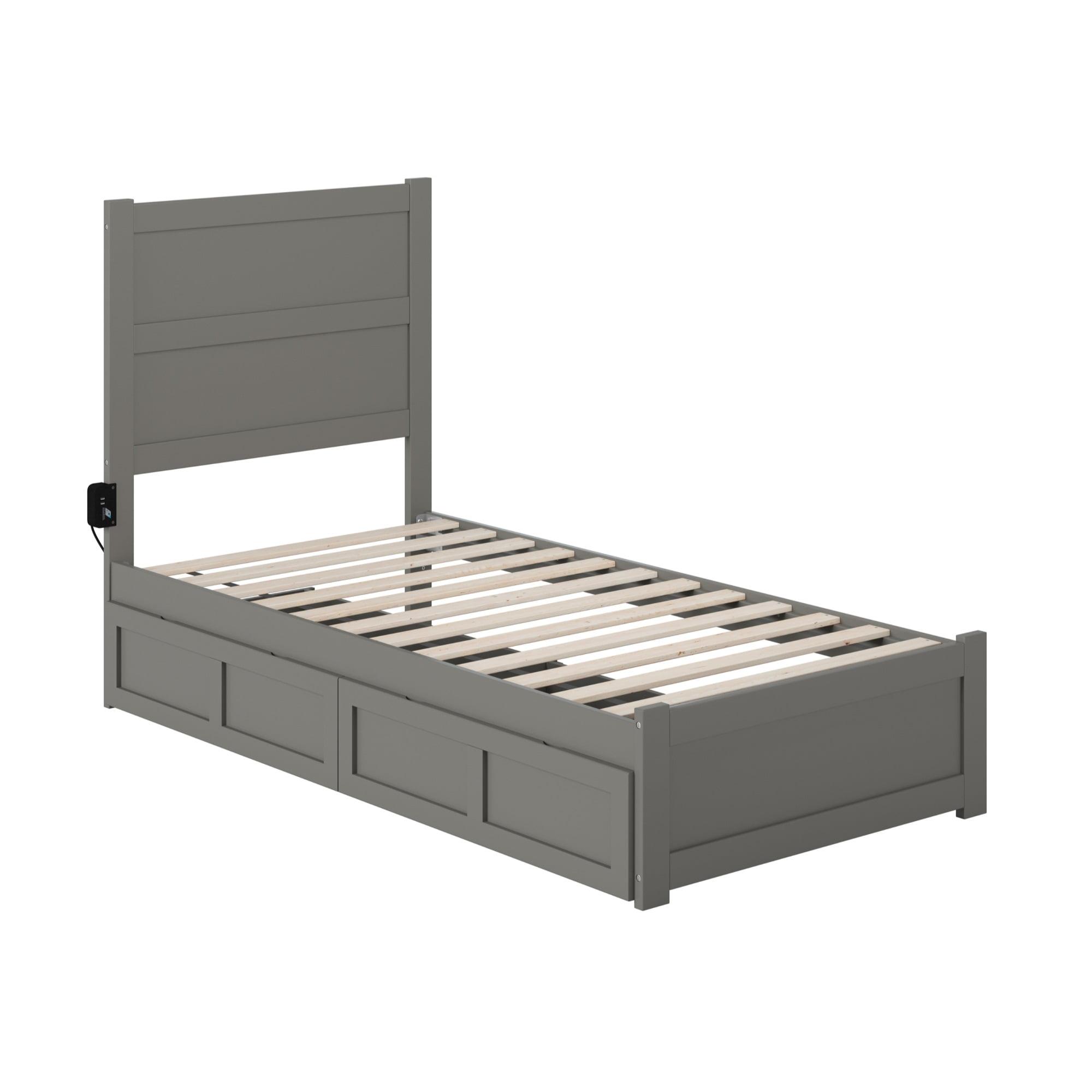 Gray Twin Wood Bed with Headboard and Storage Drawers