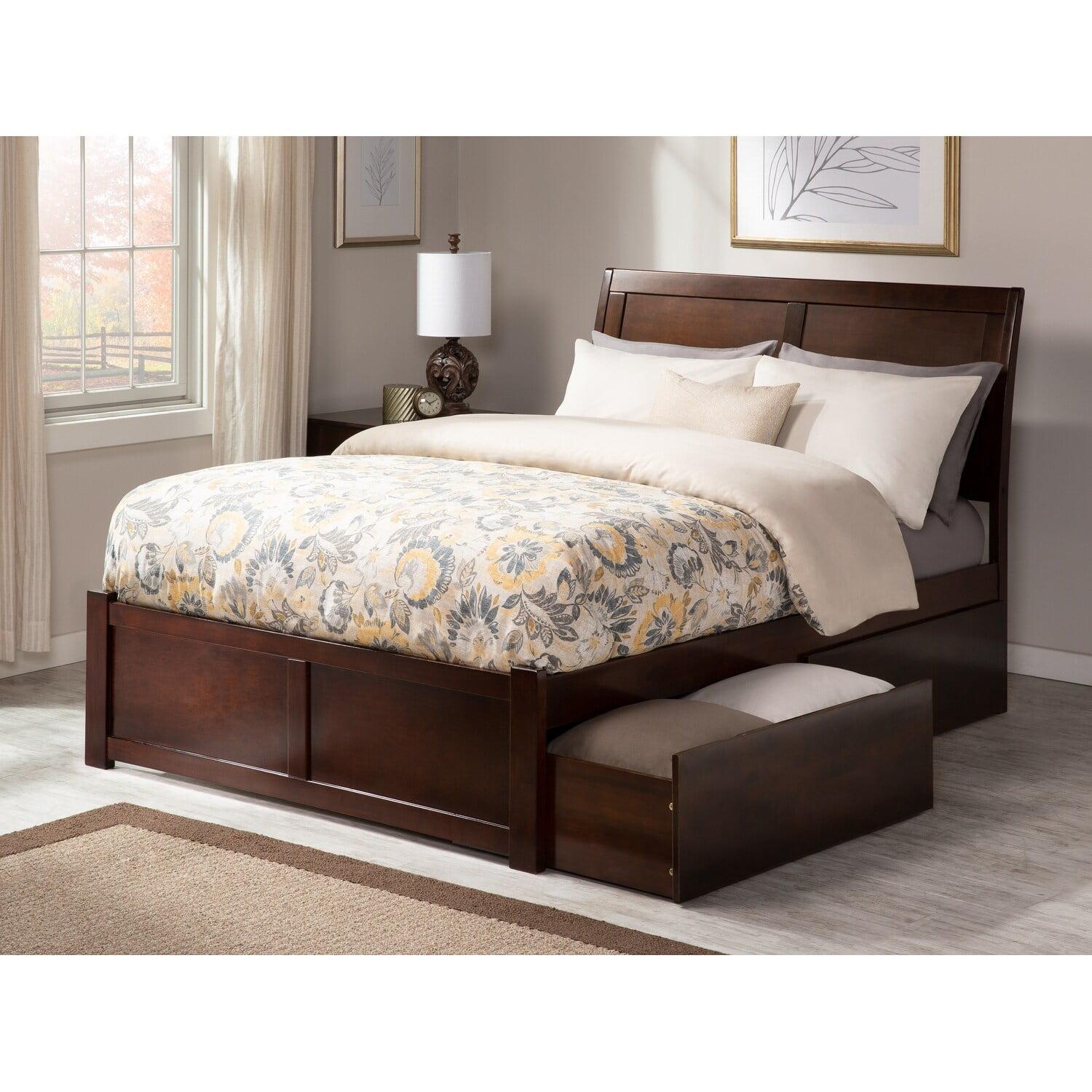 Walnut King Platform Bed with Sleigh Headboard and Storage Drawers