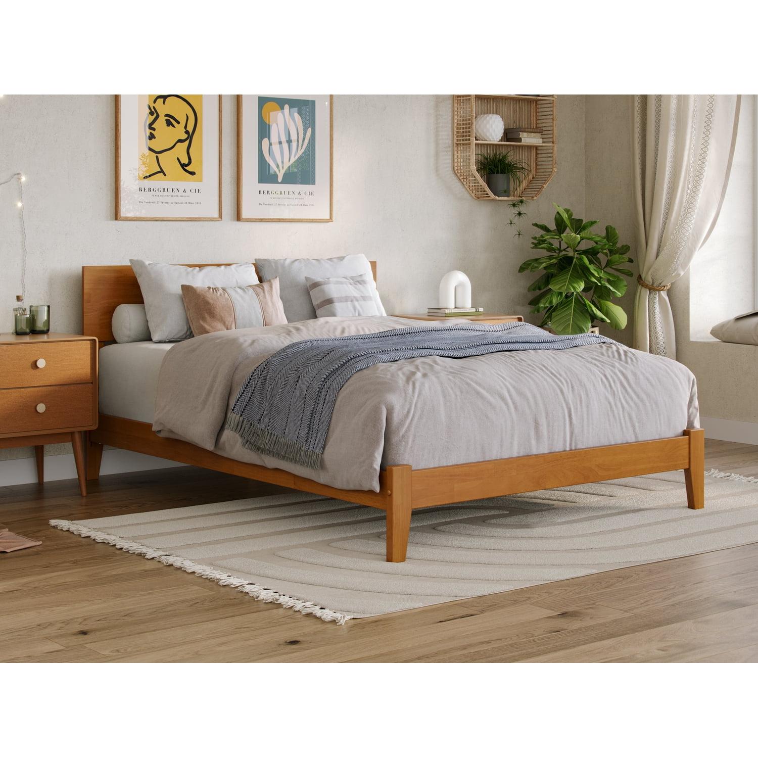 Portland Light Toffee Twin Wood Platform Bed with Upholstered Headboard