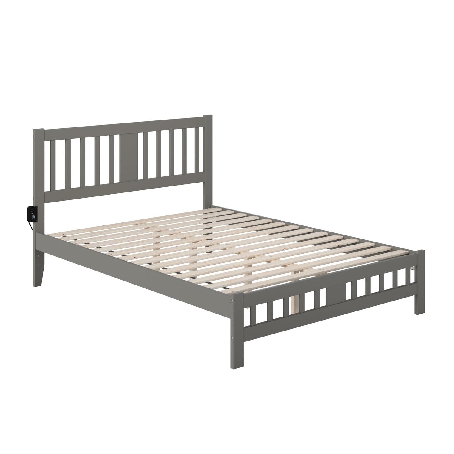 Gray Wood Queen Bed with Slatted Headboard and USB Ports