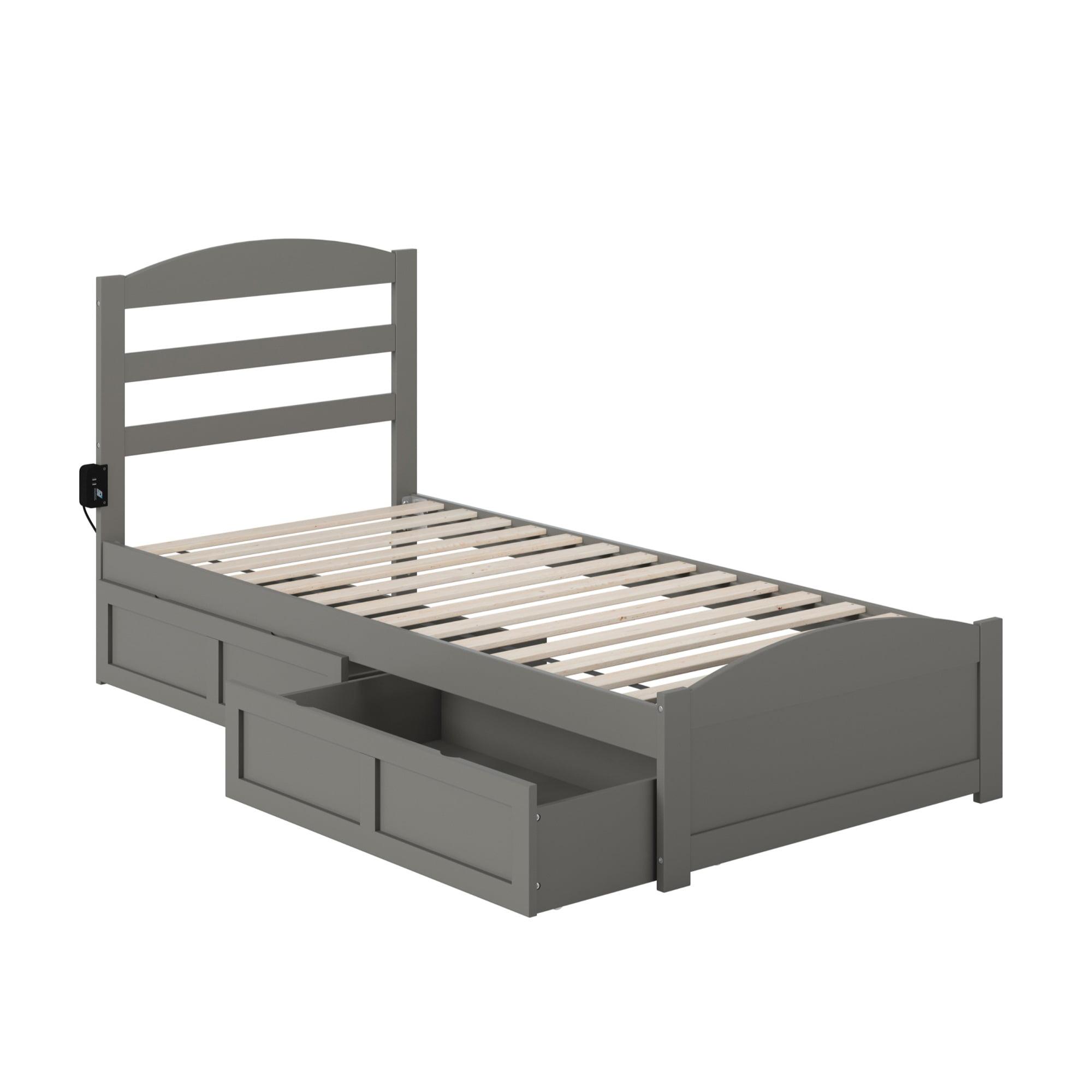 Gray Twin Wood Platform Bed with Storage Drawers