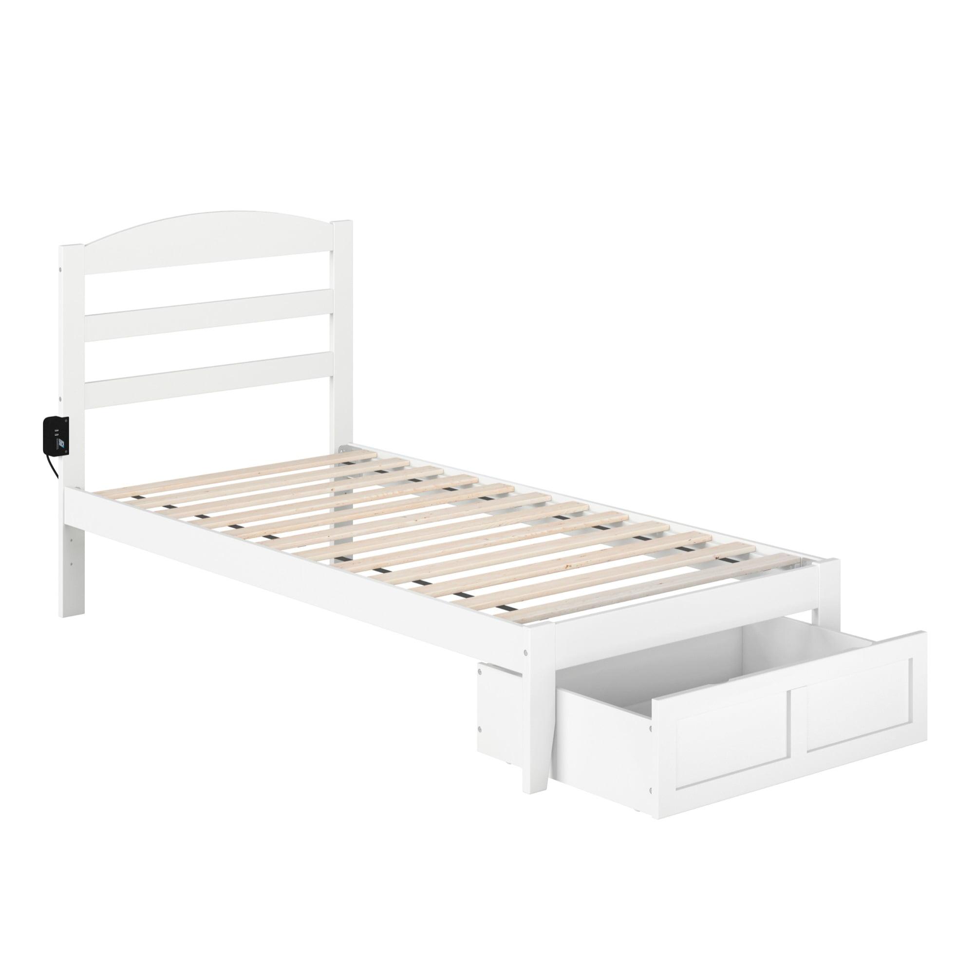 AFI Warren Solid Wood Twin Bed with Foot Drawer and USB Charger in White