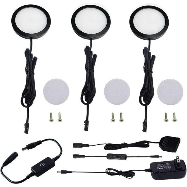 AIBOO LED Under Cabinet Lighting Black Cover Puck Lights Kit with Touch Dimmer Switch (3 Lights,Warm White)