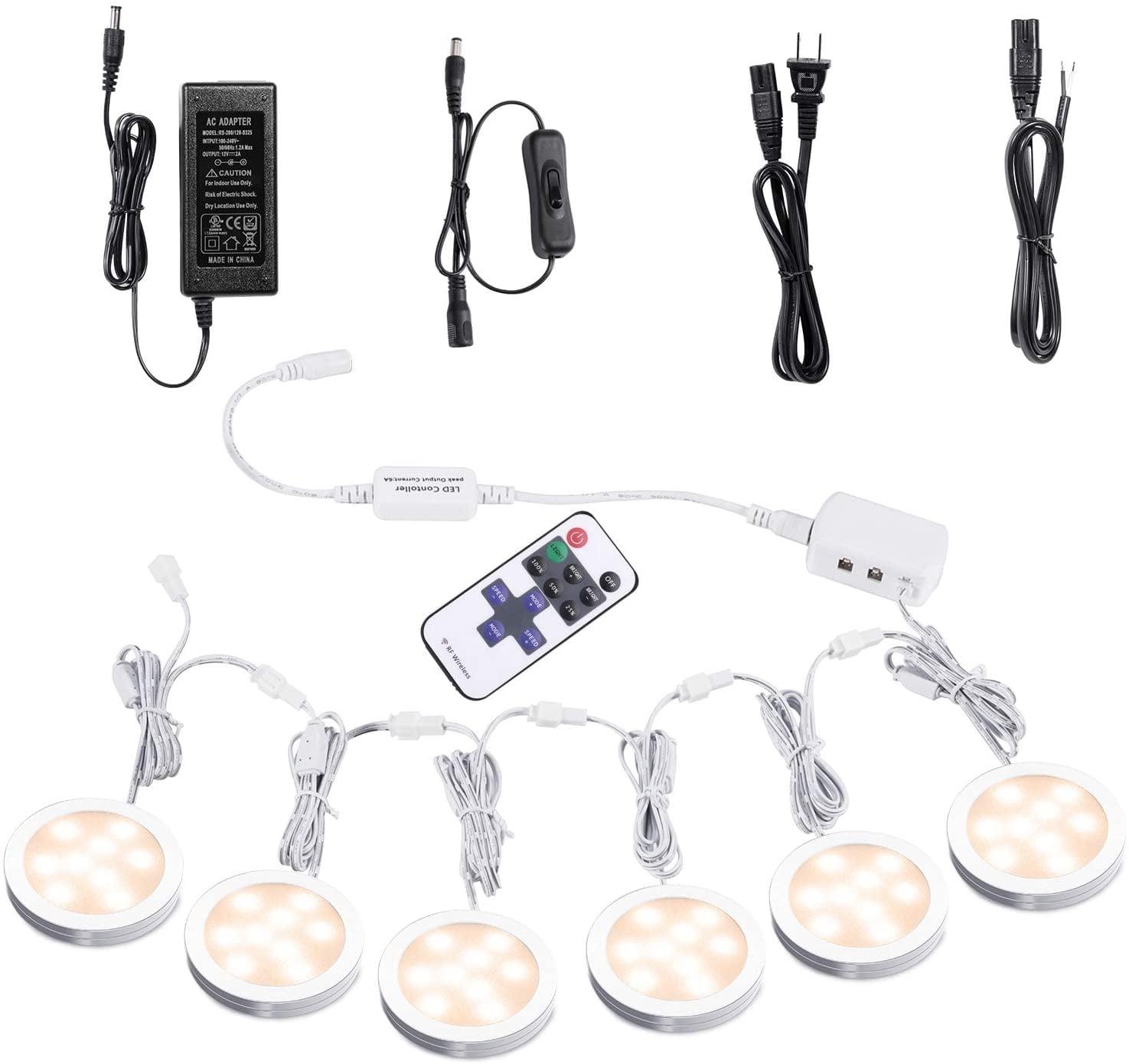 AIBOO Linkable Under Cabinet LED Lighting 12V Dimmable Puck Lights with Wireless RF Remote Control, Hardwired & Wall Plug in for Counter Lighting(6 Lights, Warm White)