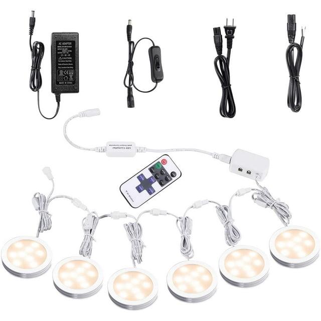 AIBOO Linkable Under Cabinet LED Lighting 12V Dimmable Puck Lights with Wireless RF Remote Control, Hardwired & Wall Plug in for Counter Lighting(6 Lights, Warm White)