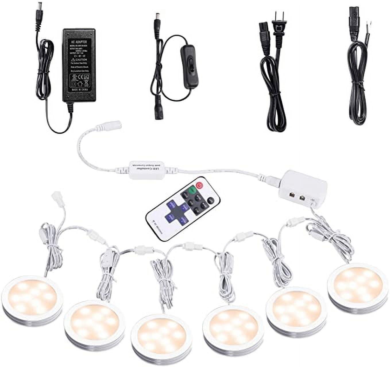 AIBOO Linkable Under Cabinet LED Lighting 12V Dimmable Puck Lights with Wireless RF Remote Control, Hardwired & Wall Plug in for Counter Lighting(6 Lights, Warm White)