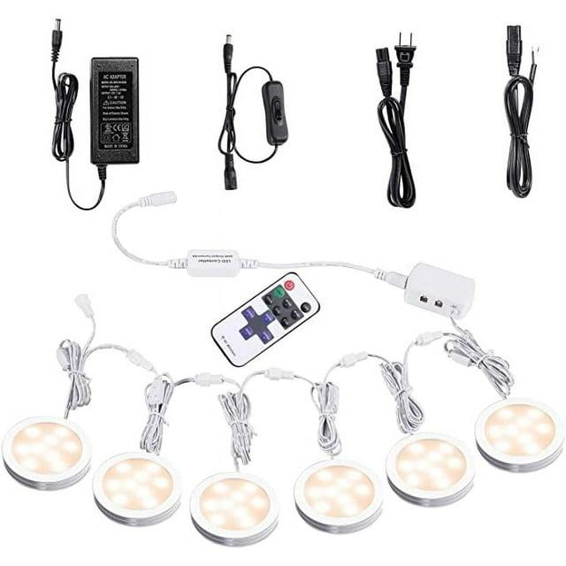 AIBOO Linkable Under Cabinet LED Lighting 12V Dimmable Puck Lights with Wireless RF Remote Control, Hardwired & Wall Plug in for Counter Lighting(6 Lights, Warm White)
