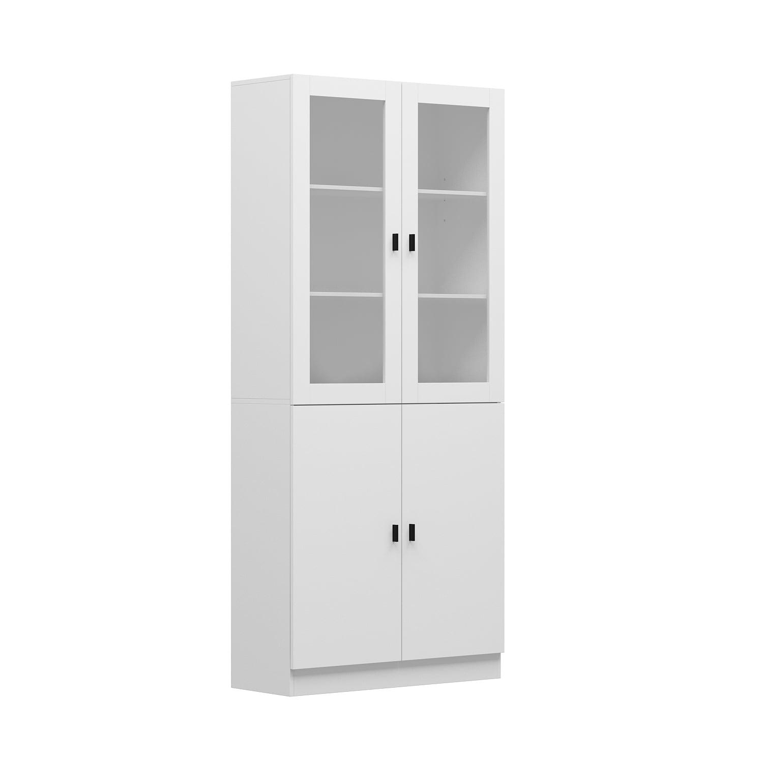 White Engineered Wood 5-Shelf Bookcase with Glass Doors