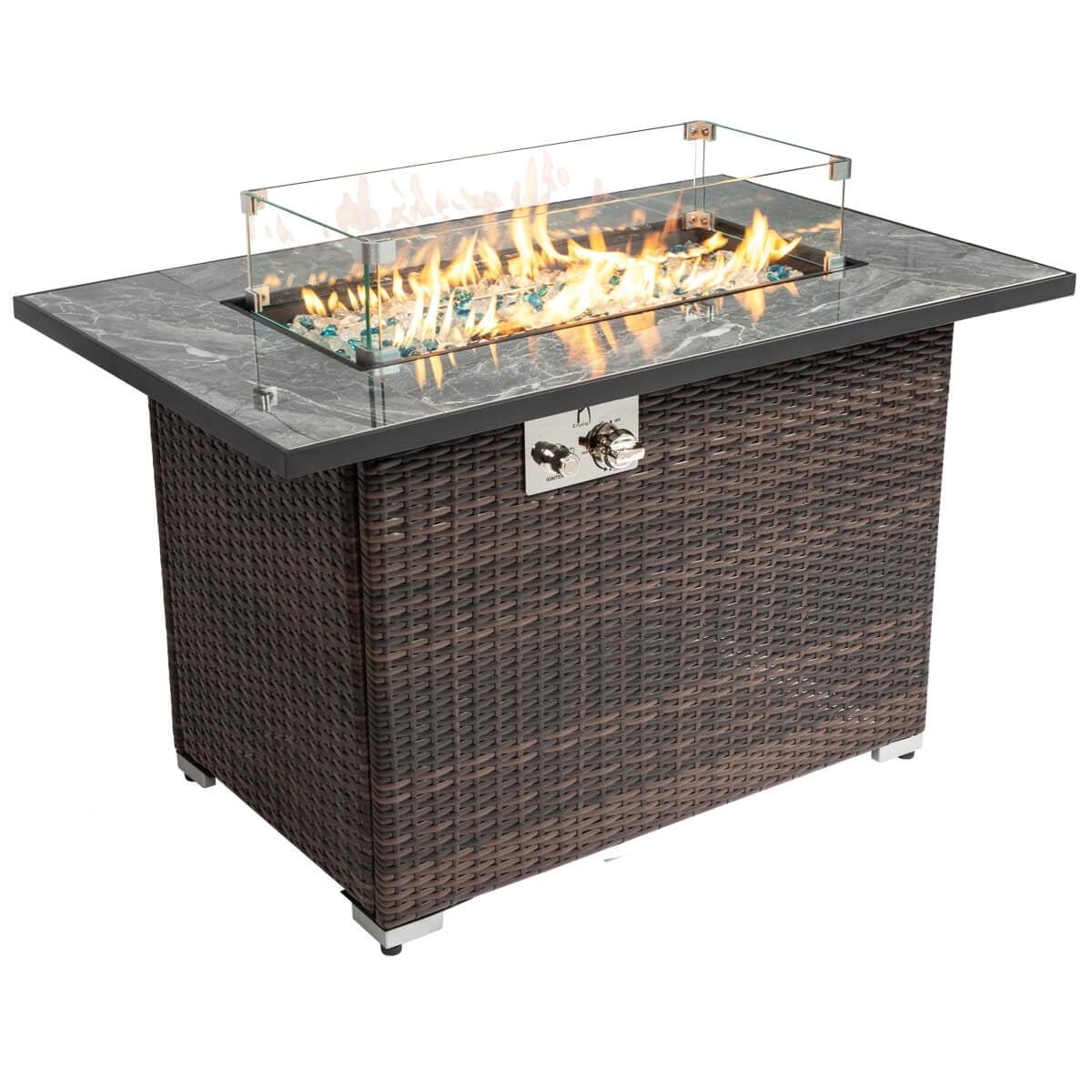 44" Brown Rattan and Marble Outdoor Fire Pit Table