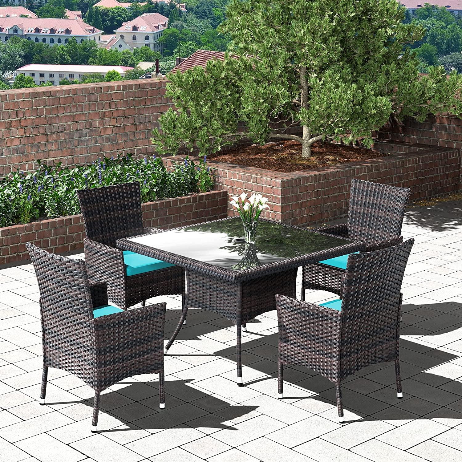 5-Piece Blue Rattan Wicker Patio Dining Set with Glass Table