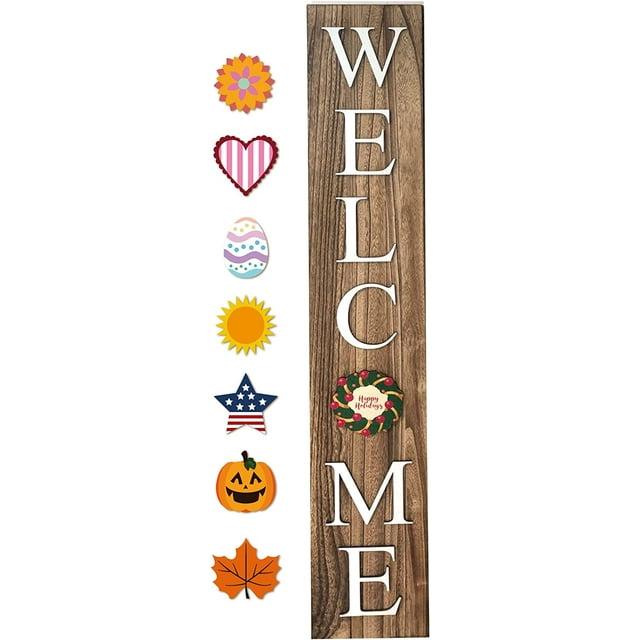ALBEN Welcome Sign For Front Door Porch With Ornamental Tiles - 8 Interchangeable Seasonal Tiles, Celebrate Holidays and Seasons, Vertical Wooden Outdoor and Indoor Welcome Home Decor Sign