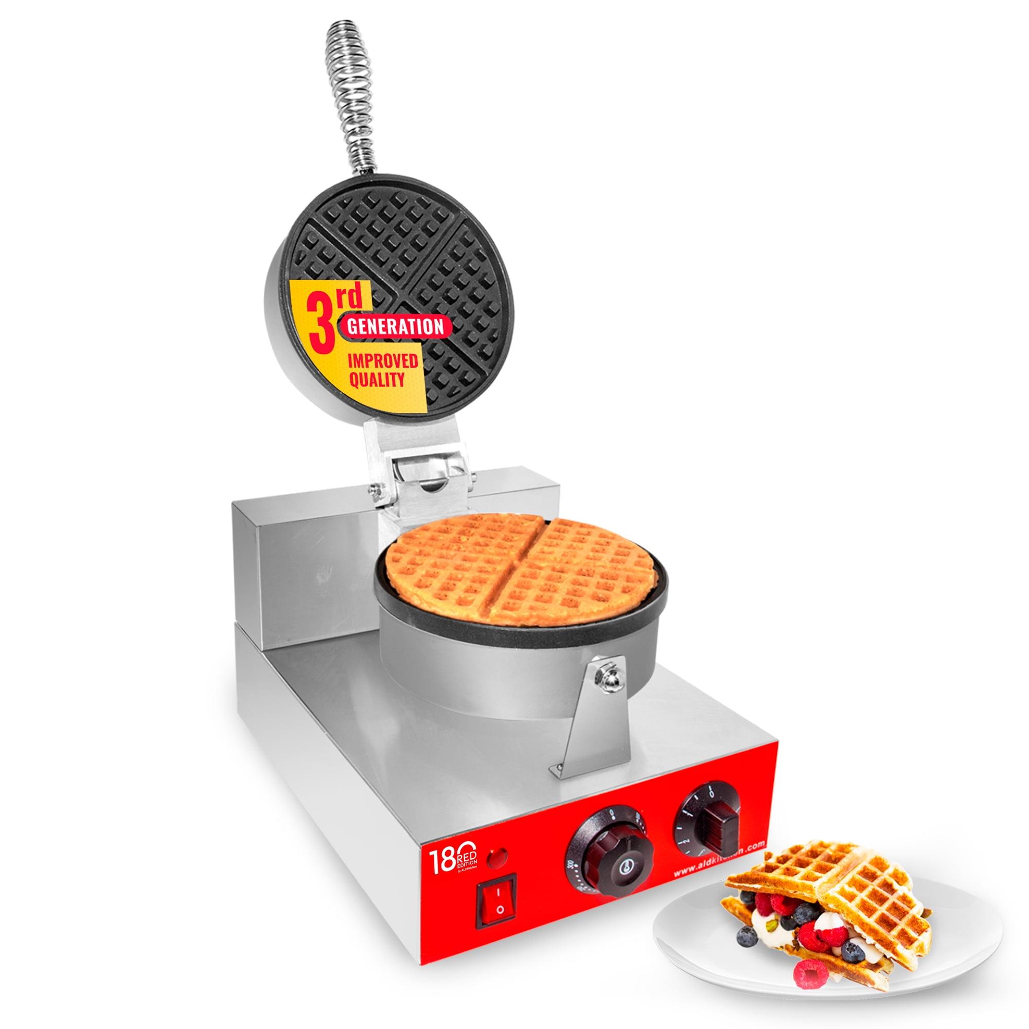 Stainless Steel Belgian Waffle Maker with Red Panel and Nonstick Plates