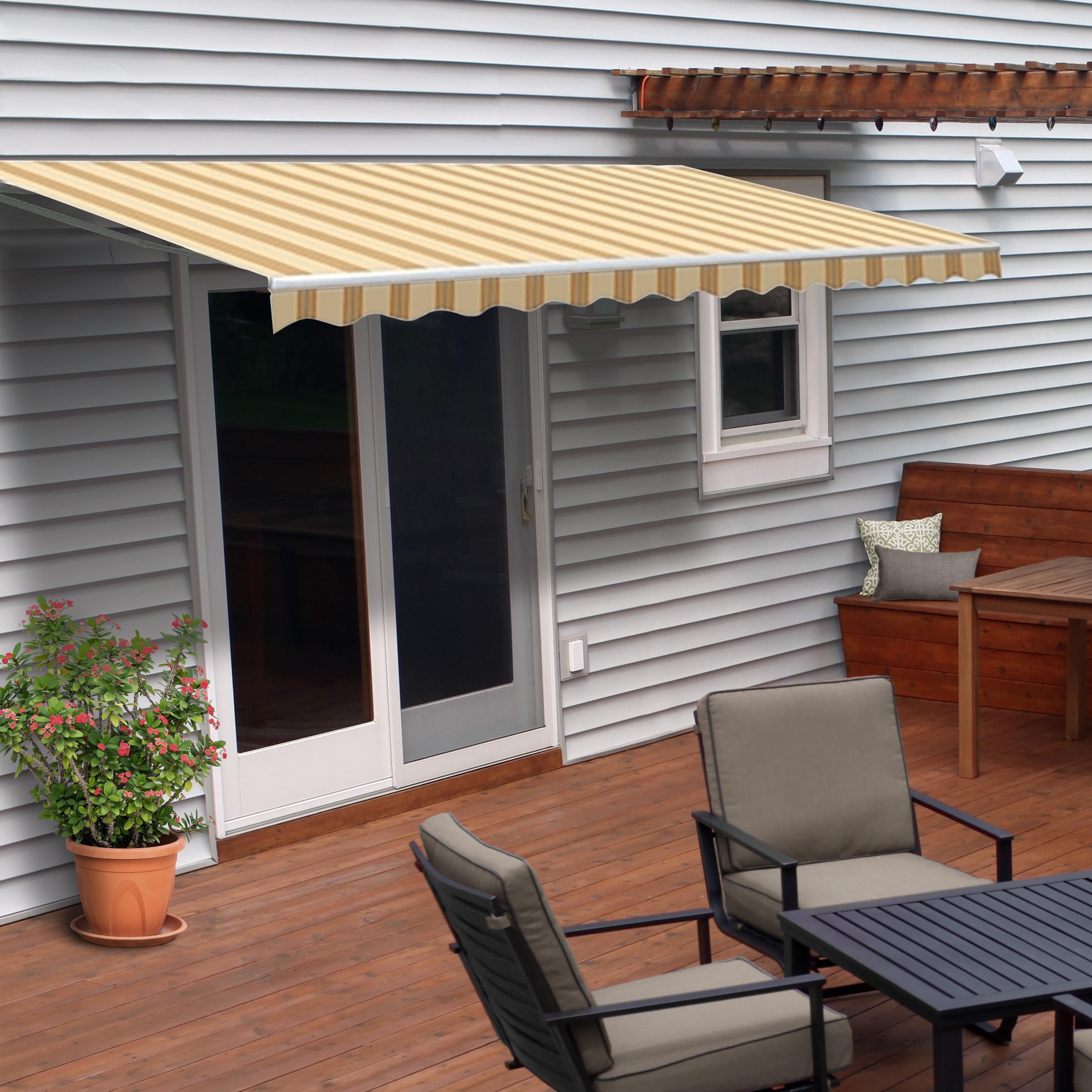 Multi-Striped Yellow Motorized Retractable Patio Awning with White Frame