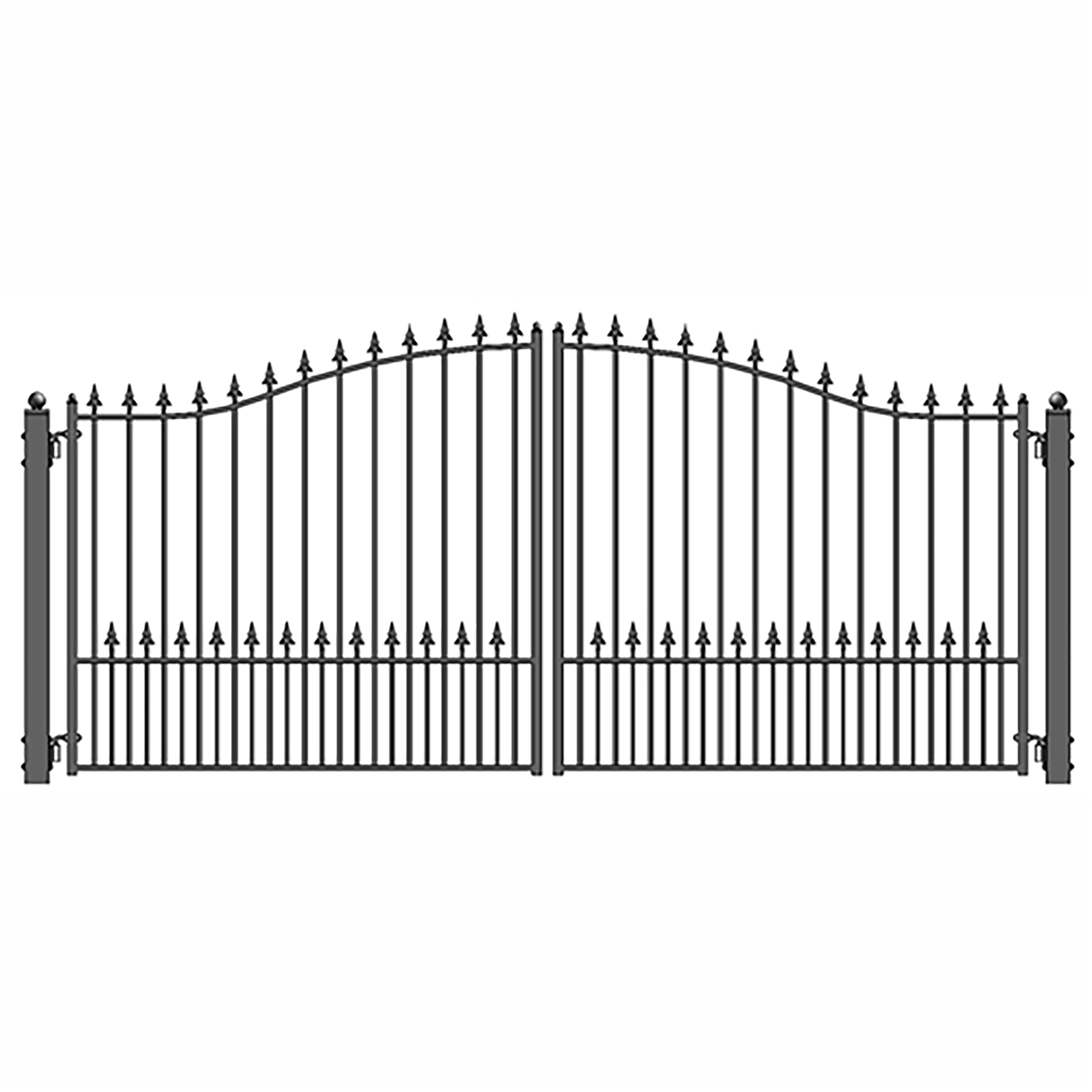 Black Steel Dual Swing Arched Driveway Gate with Pointed Pickets