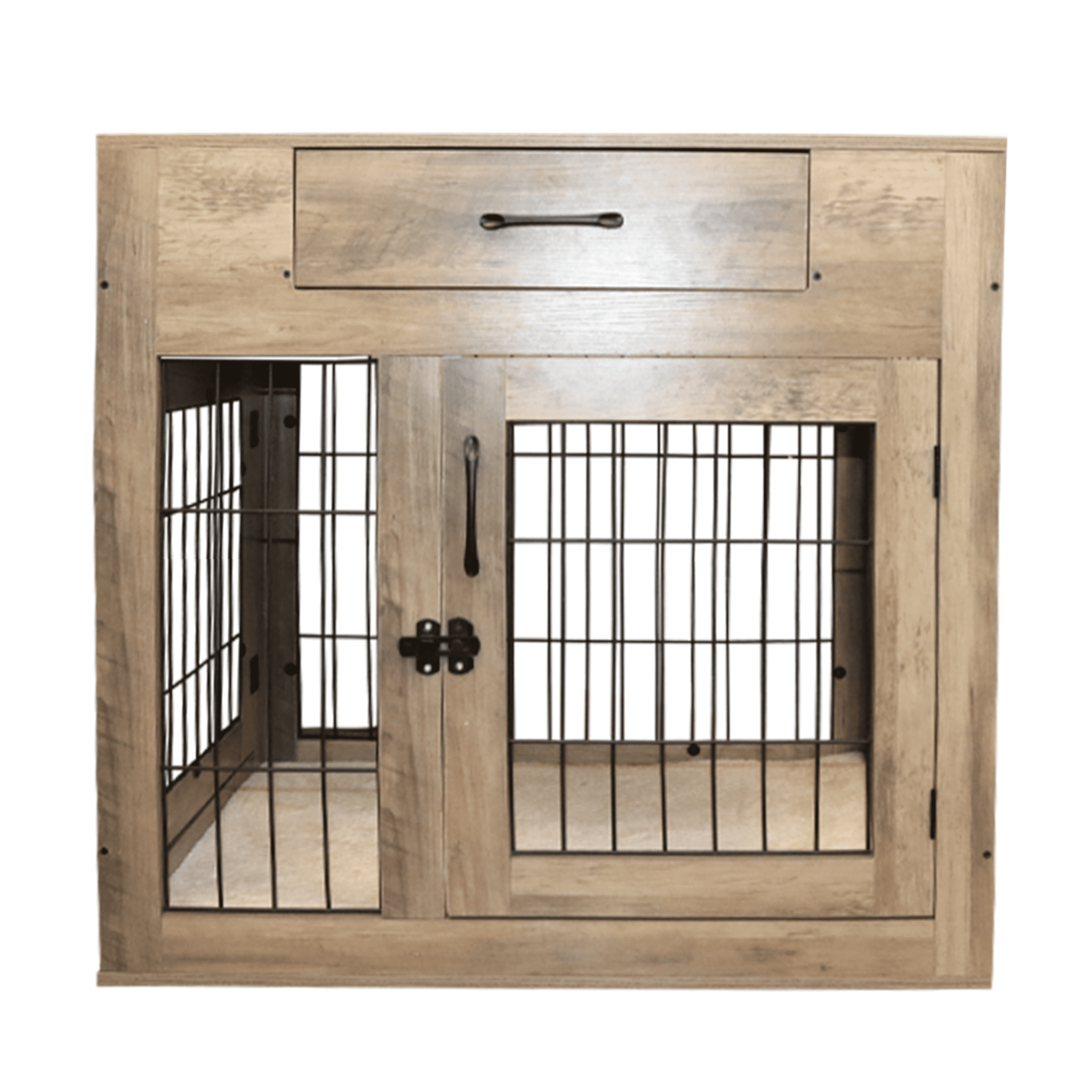 Medium Weathered Gray Dog Crate Furniture with Drawer and Hooks