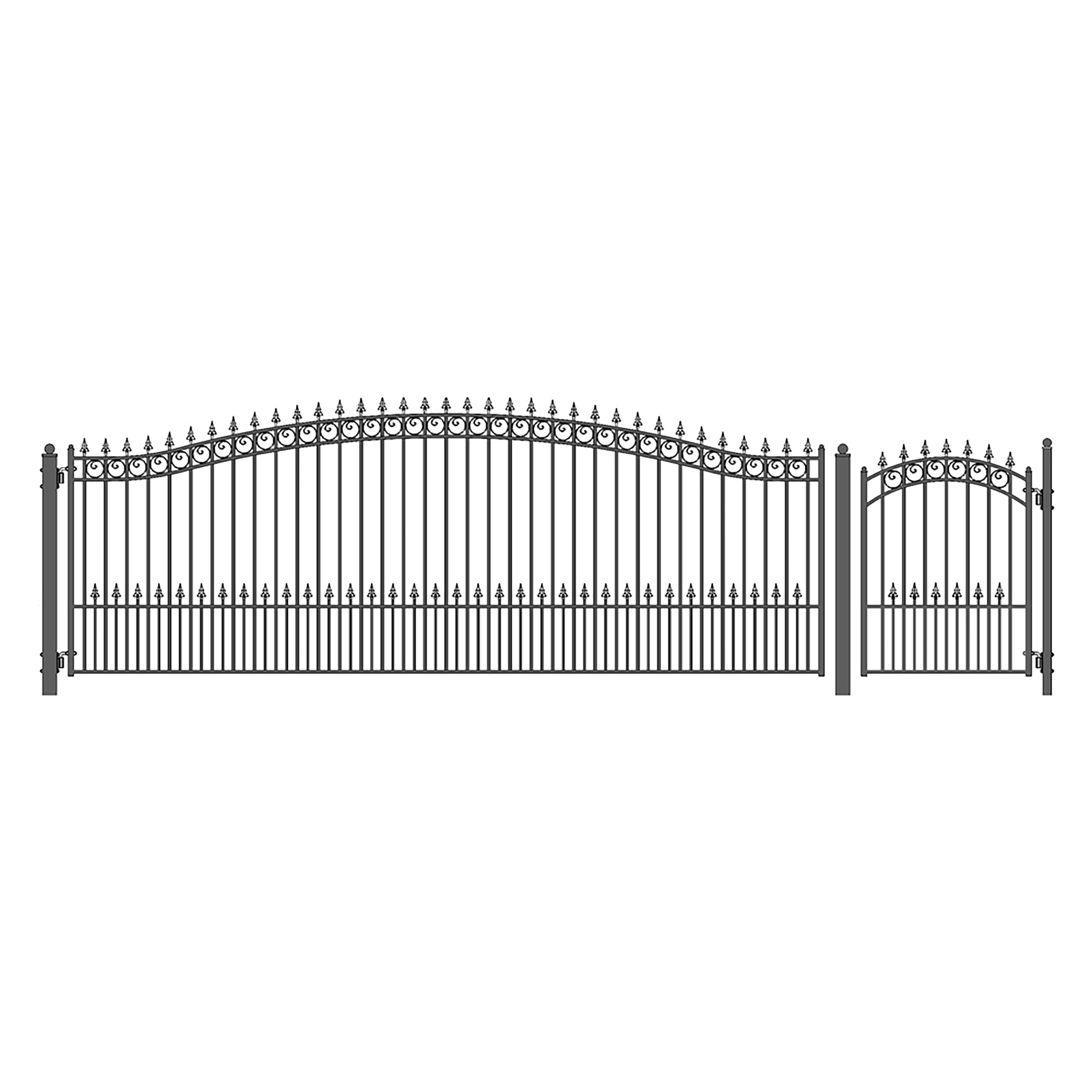 Prague Style Black Steel Arched Driveway Gate with Pedestrian Gate